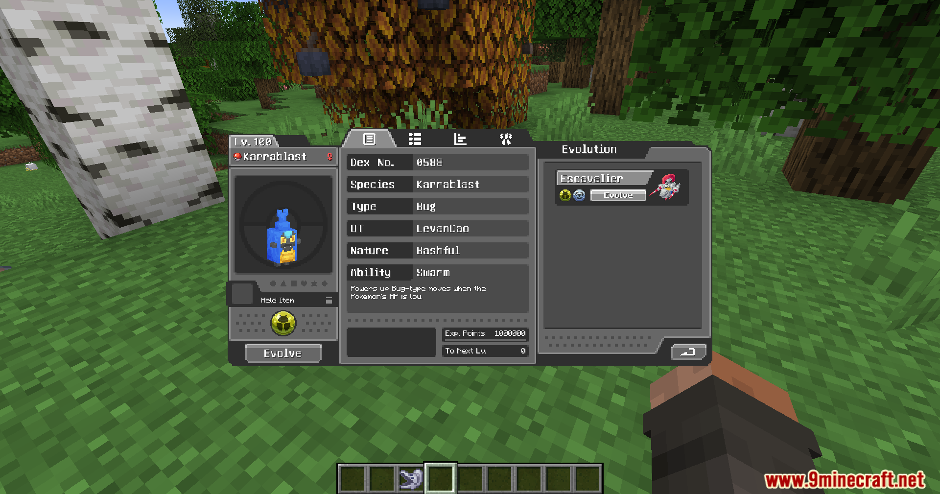 Cobblemon CRZ Moves Pokemon Mod Screenshot 8 Player checking the stats and evolution menu for a level 100 Karrablast