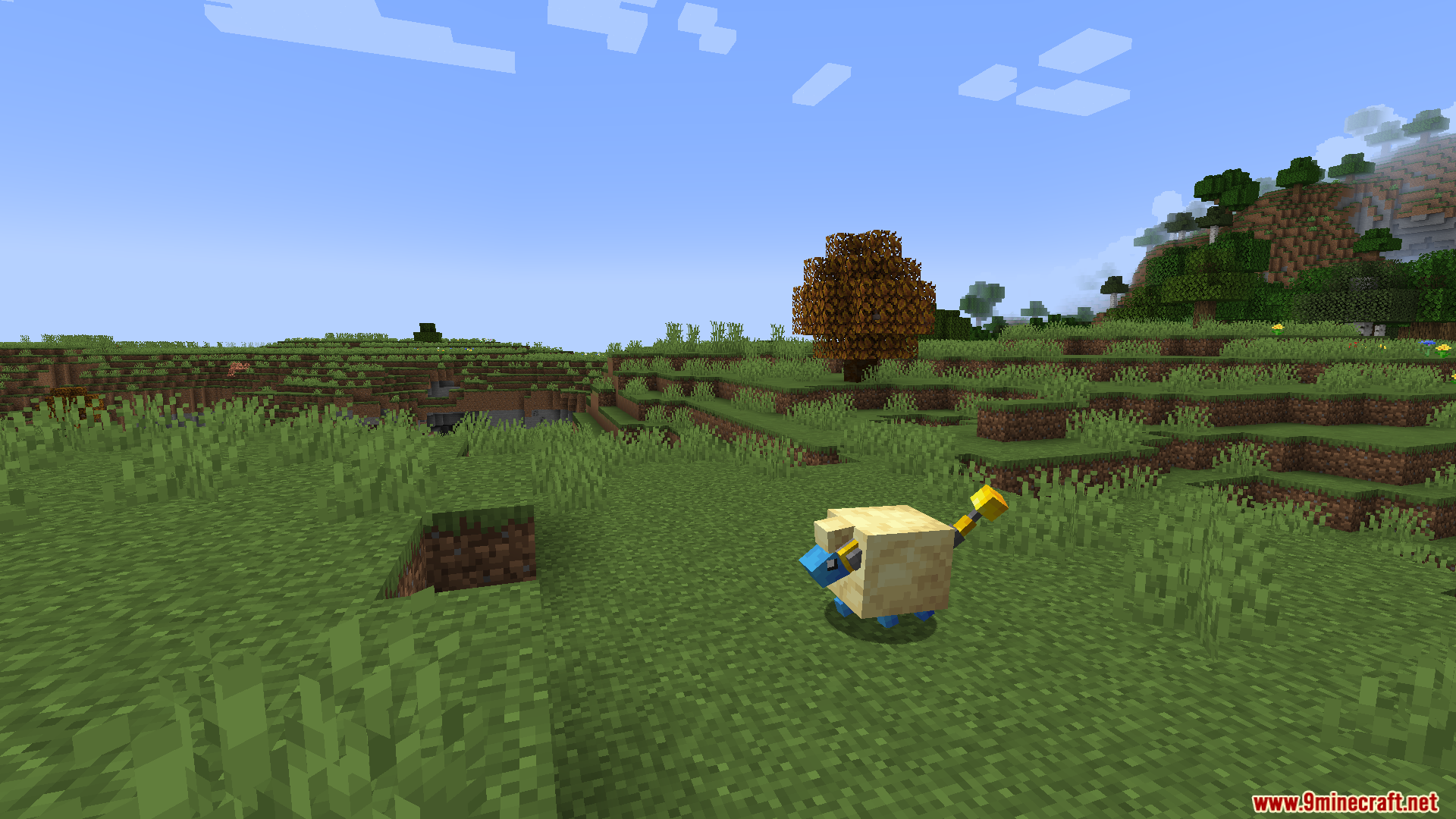 A blocky yellow Mareep Pokemon wandering through a grassy Minecraft plains biome