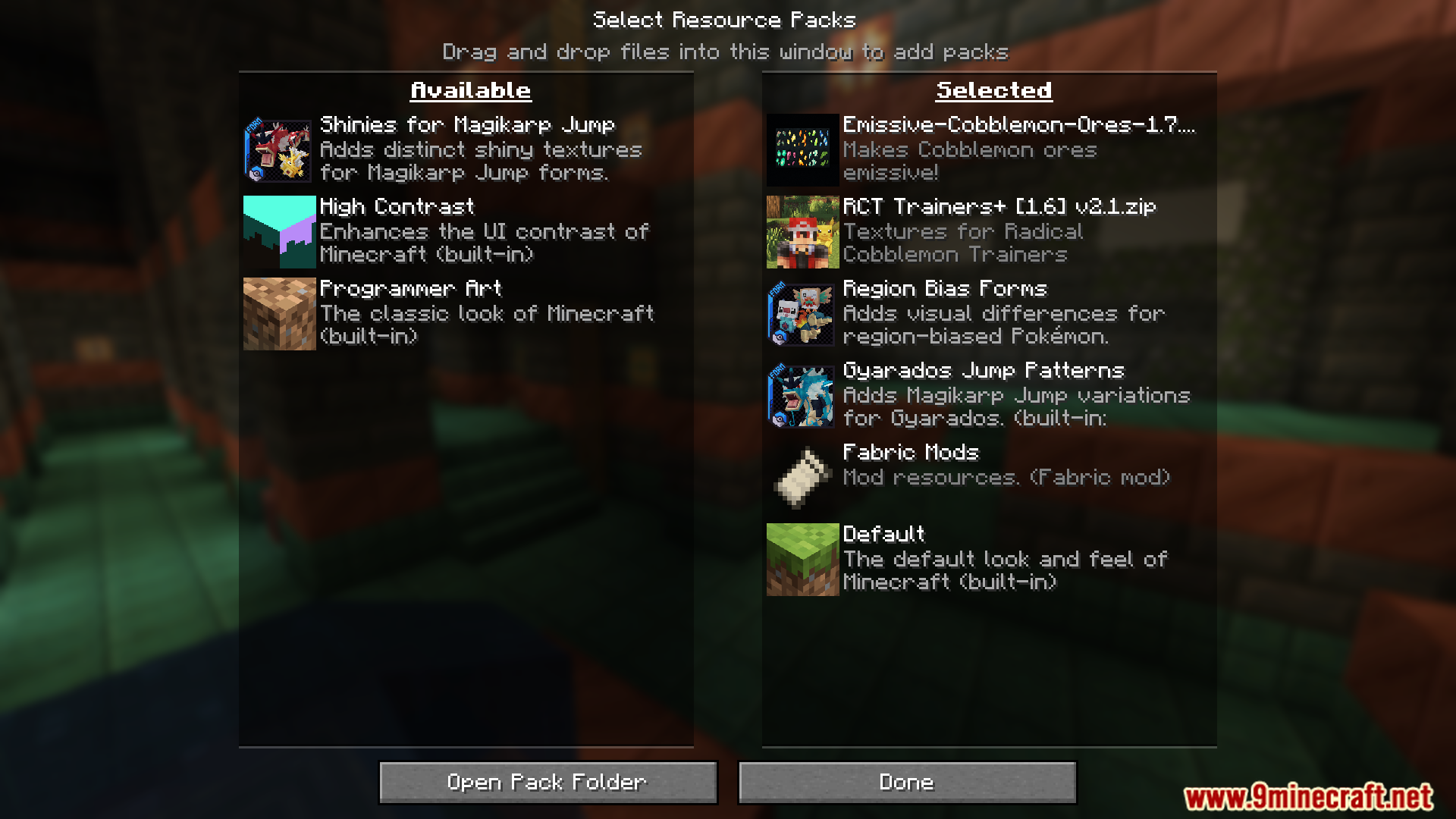 Selecting the Emissive Cobblemon Ores resource pack