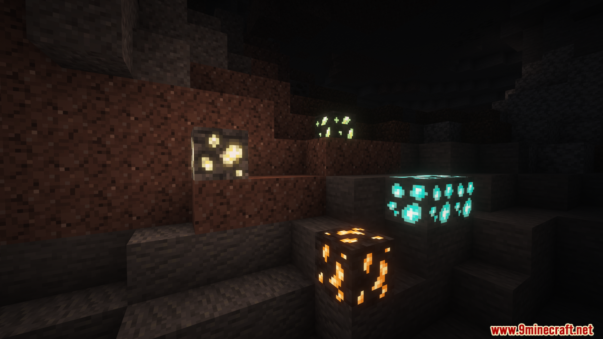Various glowing ore blocks illuminating a dark cave