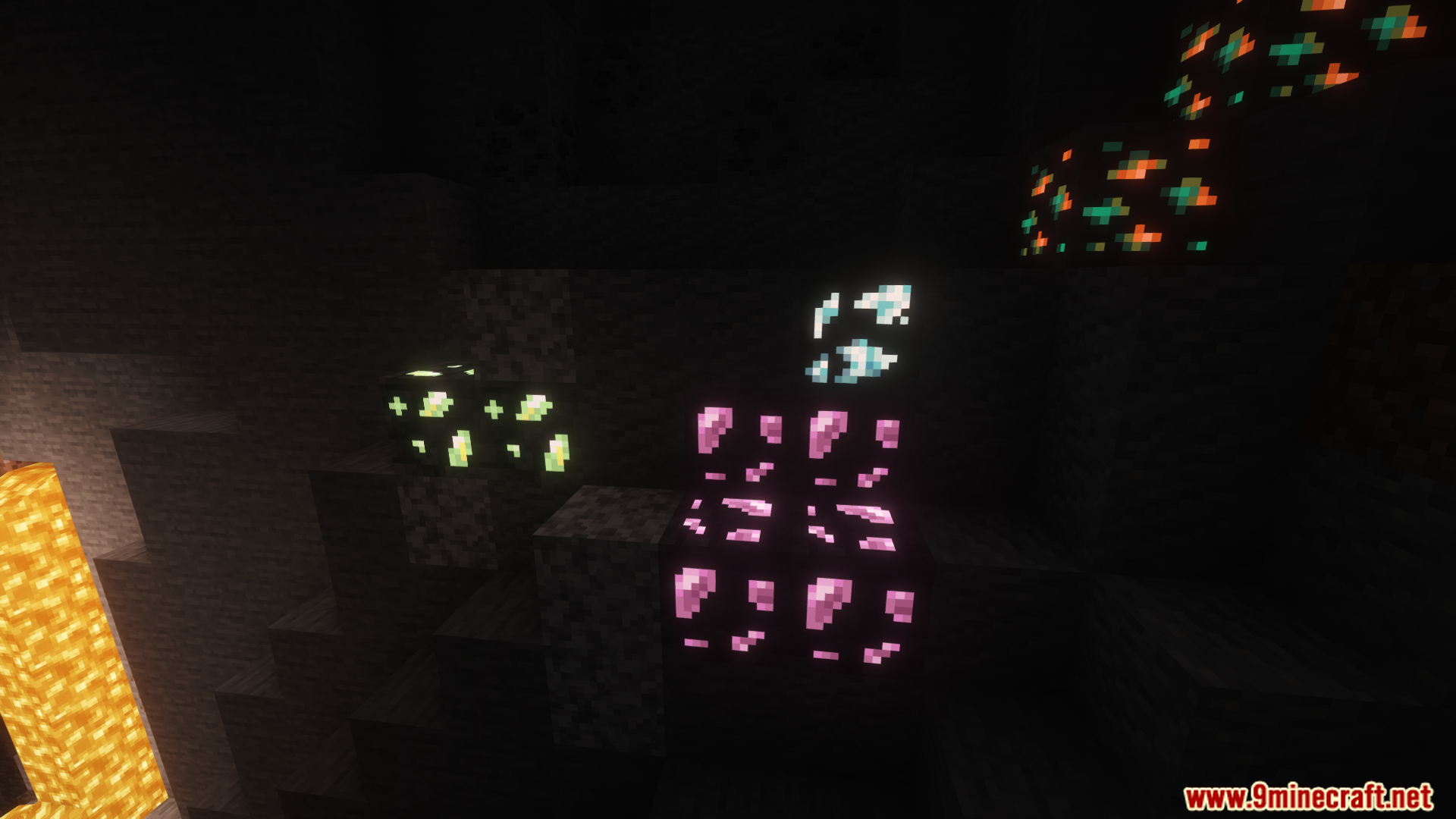 Colorful glowing ores illuminating a dark cave wall