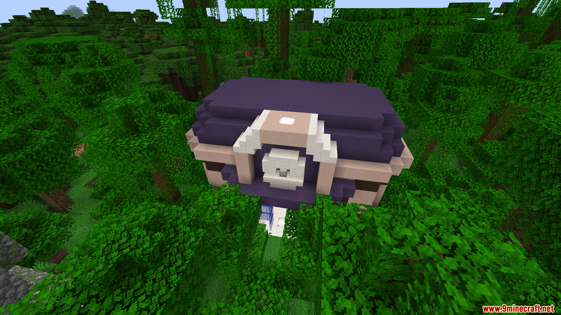 Cobblemon Poke Stops Mod Screenshot 1 A purple roofed building nestled in a dense jungle biome