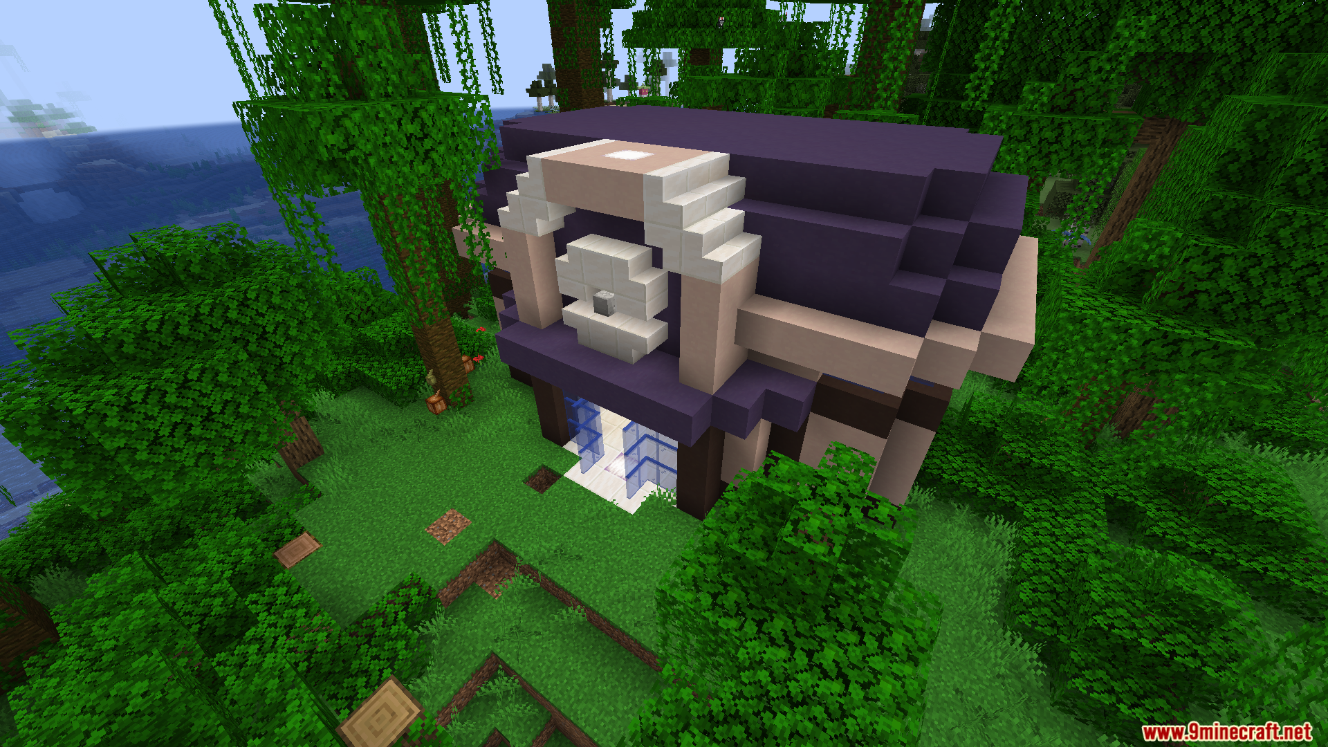 Cobblemon Poke Stops Mod Screenshot 10 Angled exterior view of the purple roofed rest area in a dense jungle