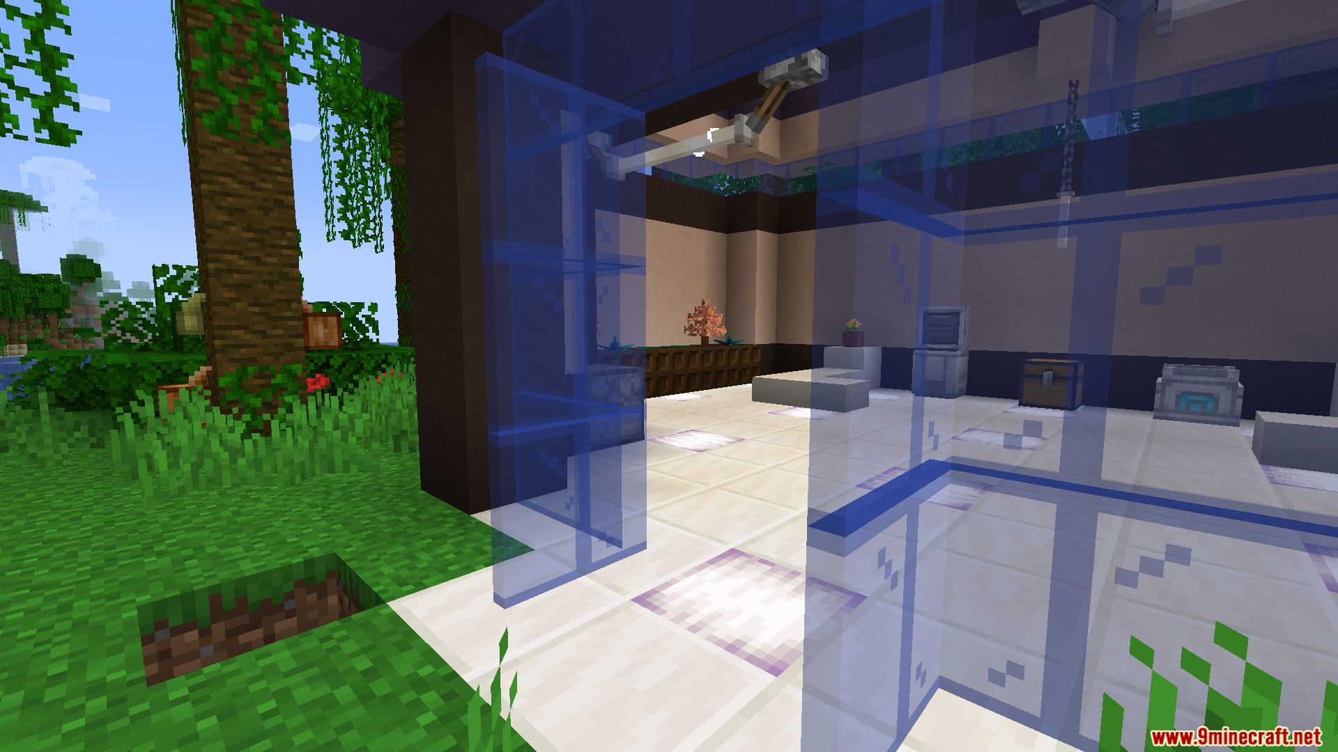 Cobblemon Poke Stops Mod Screenshot 13 Small glass rest stop building with a healing machine in a jungle