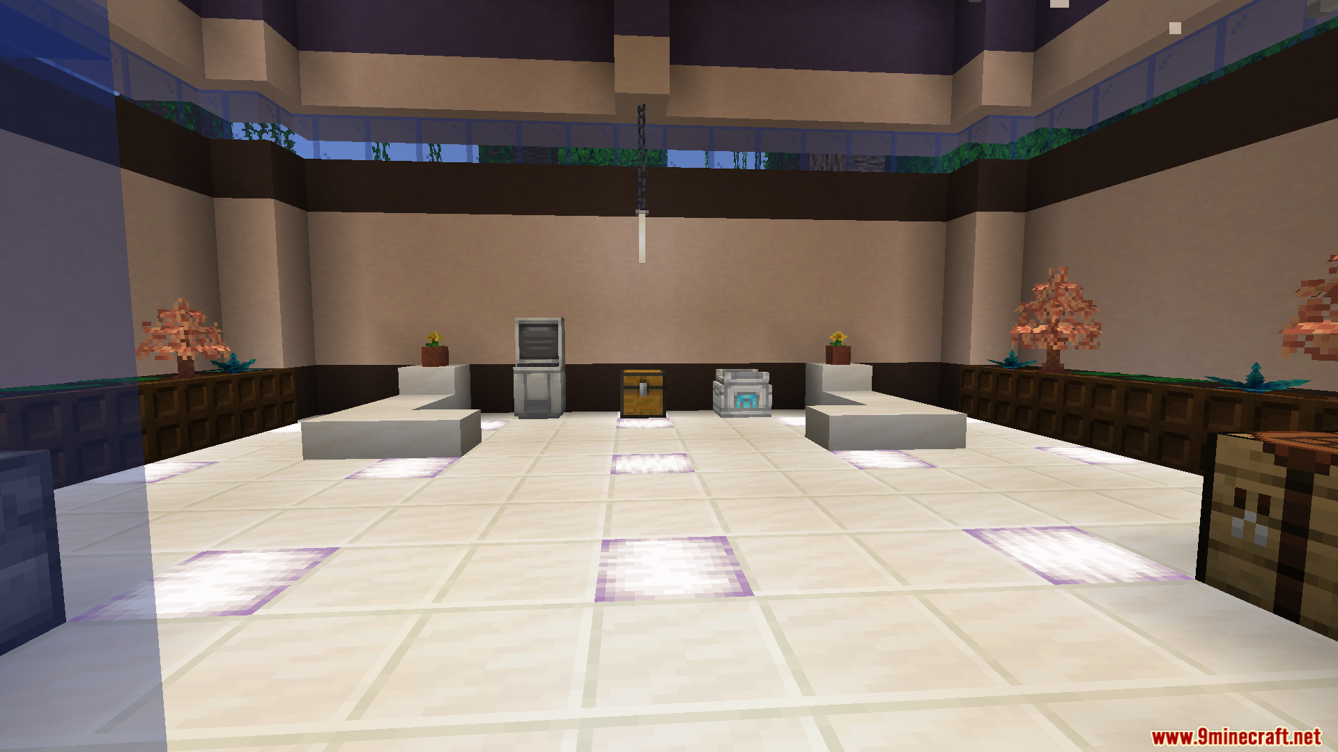 Cobblemon Poke Stops Mod Screenshot 2 Interior view of a healing station with a PC and chest