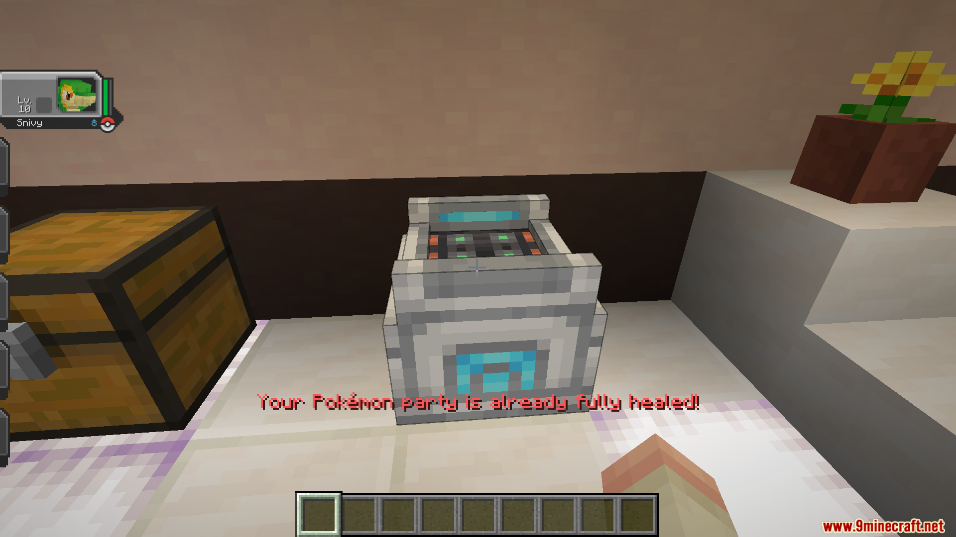 Cobblemon Poke Stops Mod Screenshot 3 A player interacts with a healing machine in a Cobblemon Poke Stop