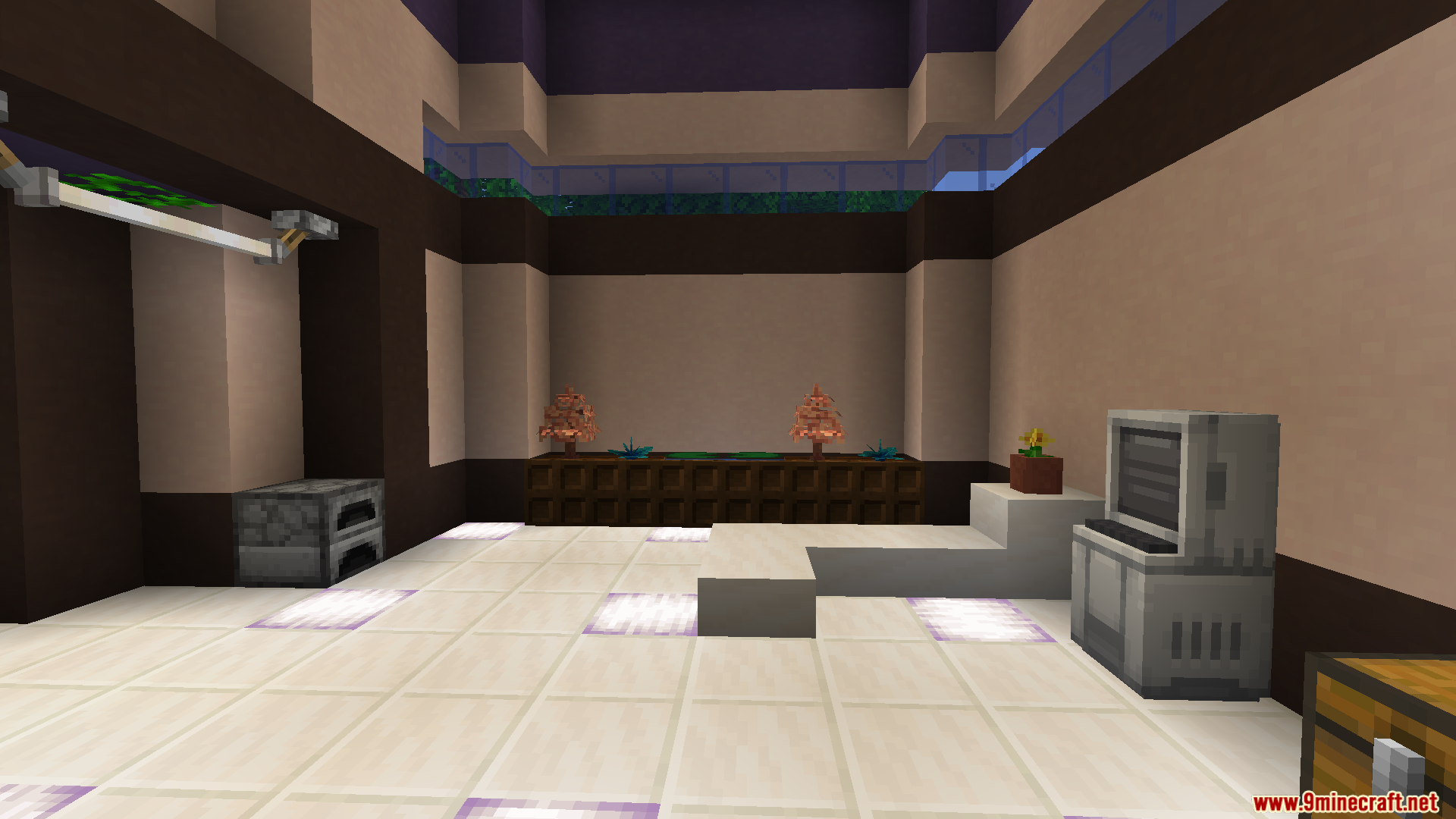 Cobblemon Poke Stops Mod Screenshot 6 Interior of a rest stop building featuring a computer terminal and decorations