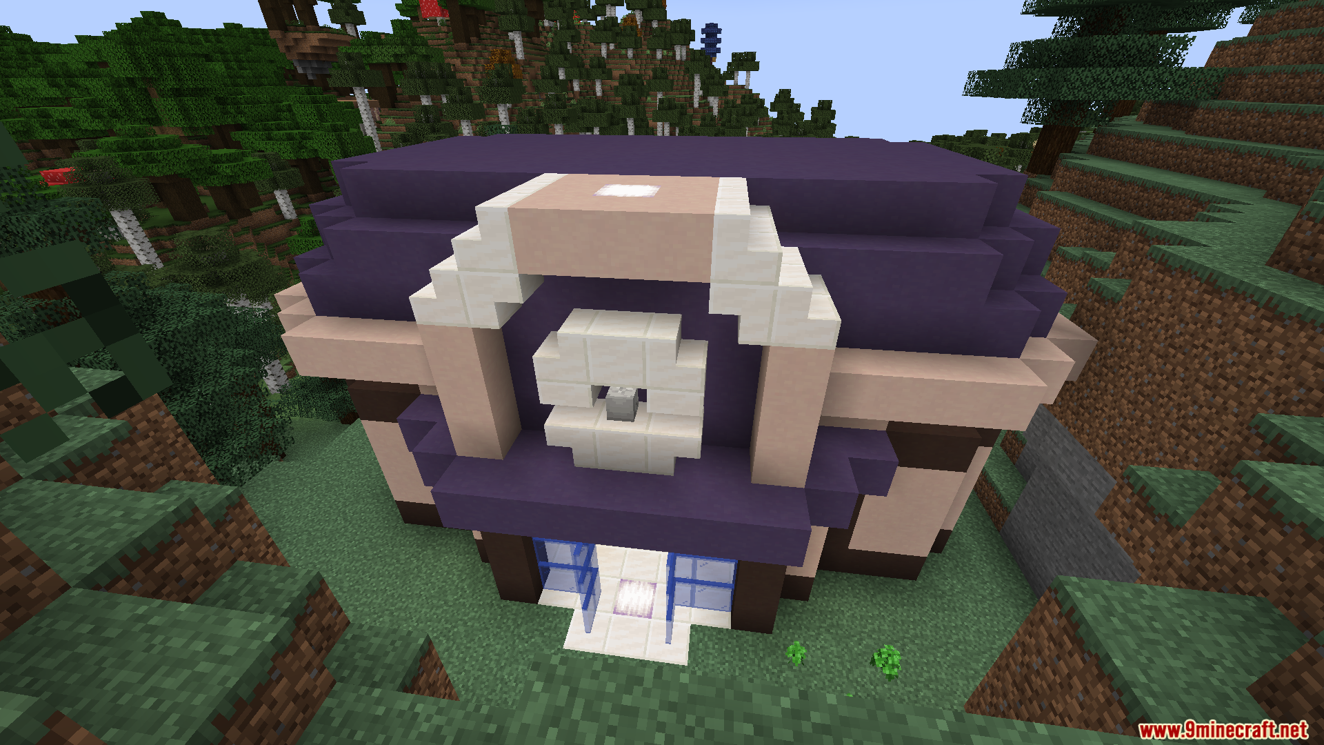 Cobblemon Poke Stops Mod Screenshot 8 Exterior of a small healing station building with a purple roof