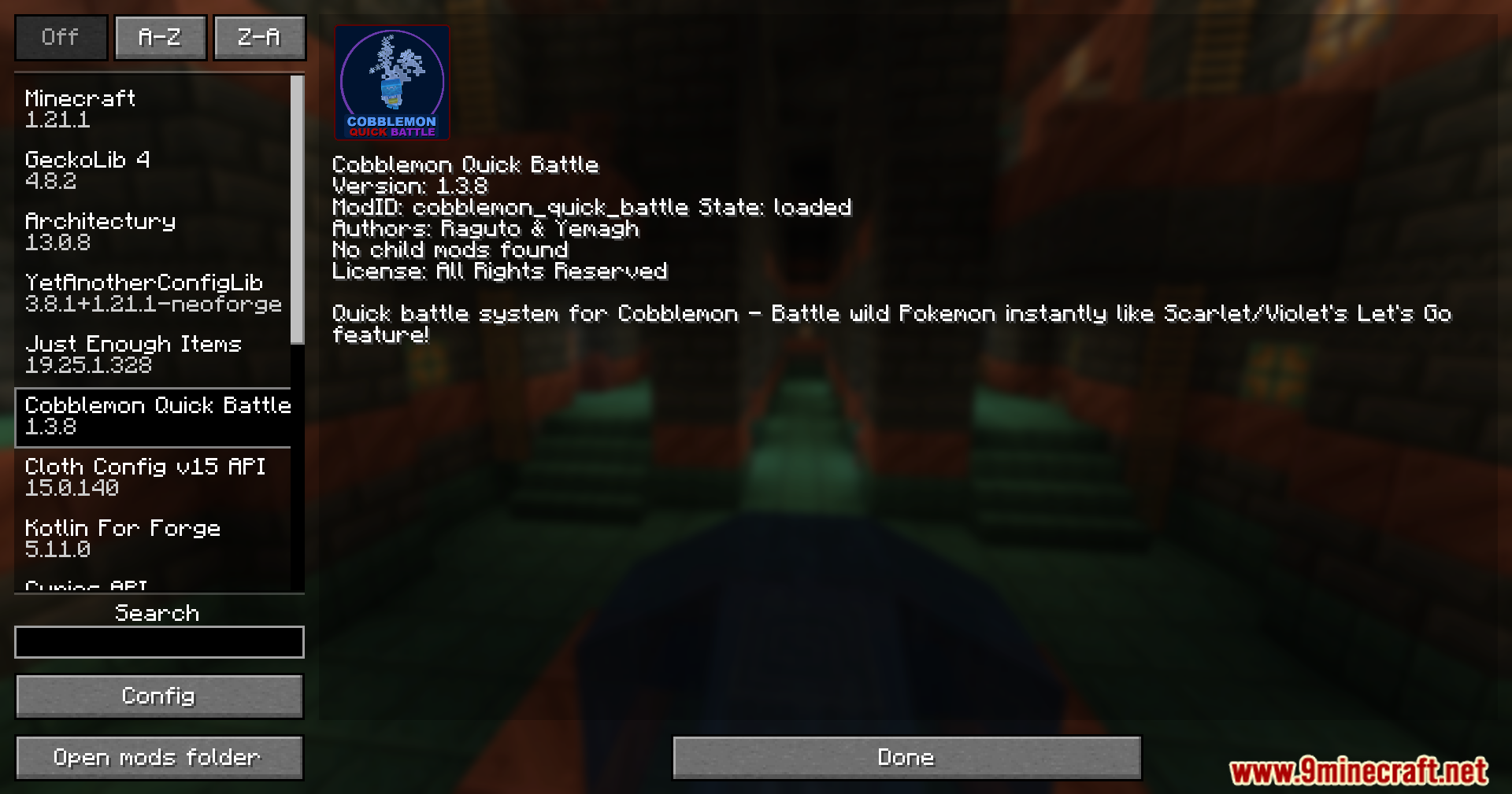 Cobblemon Quick Battle Mod Screenshot 1 The mod menu screen displaying information for the Cobblemon Quick Battle mod
