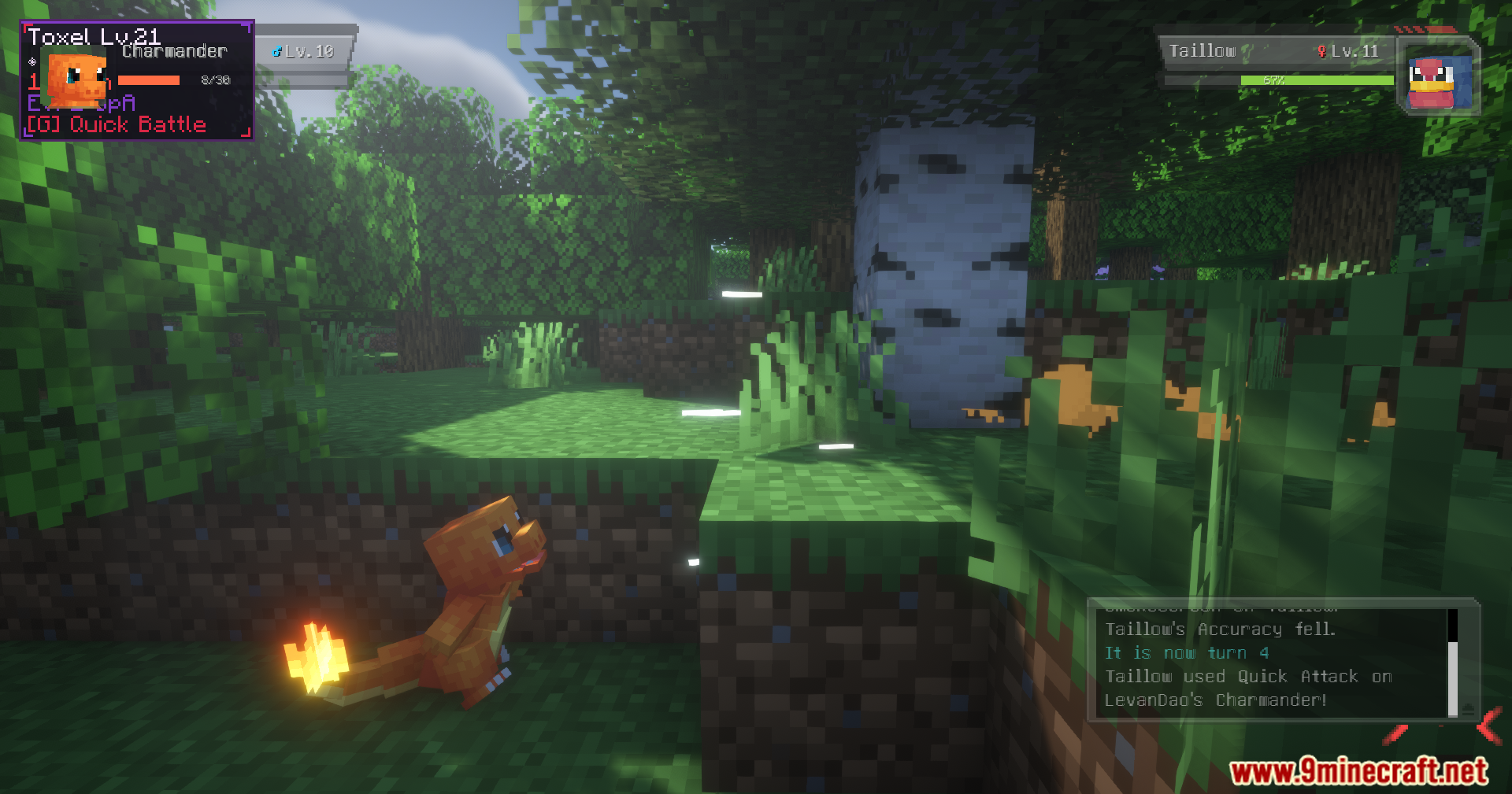 Cobblemon Quick Battle Mod Screenshot 10 Combat log showing battle details between Charmander and a wild Taillow