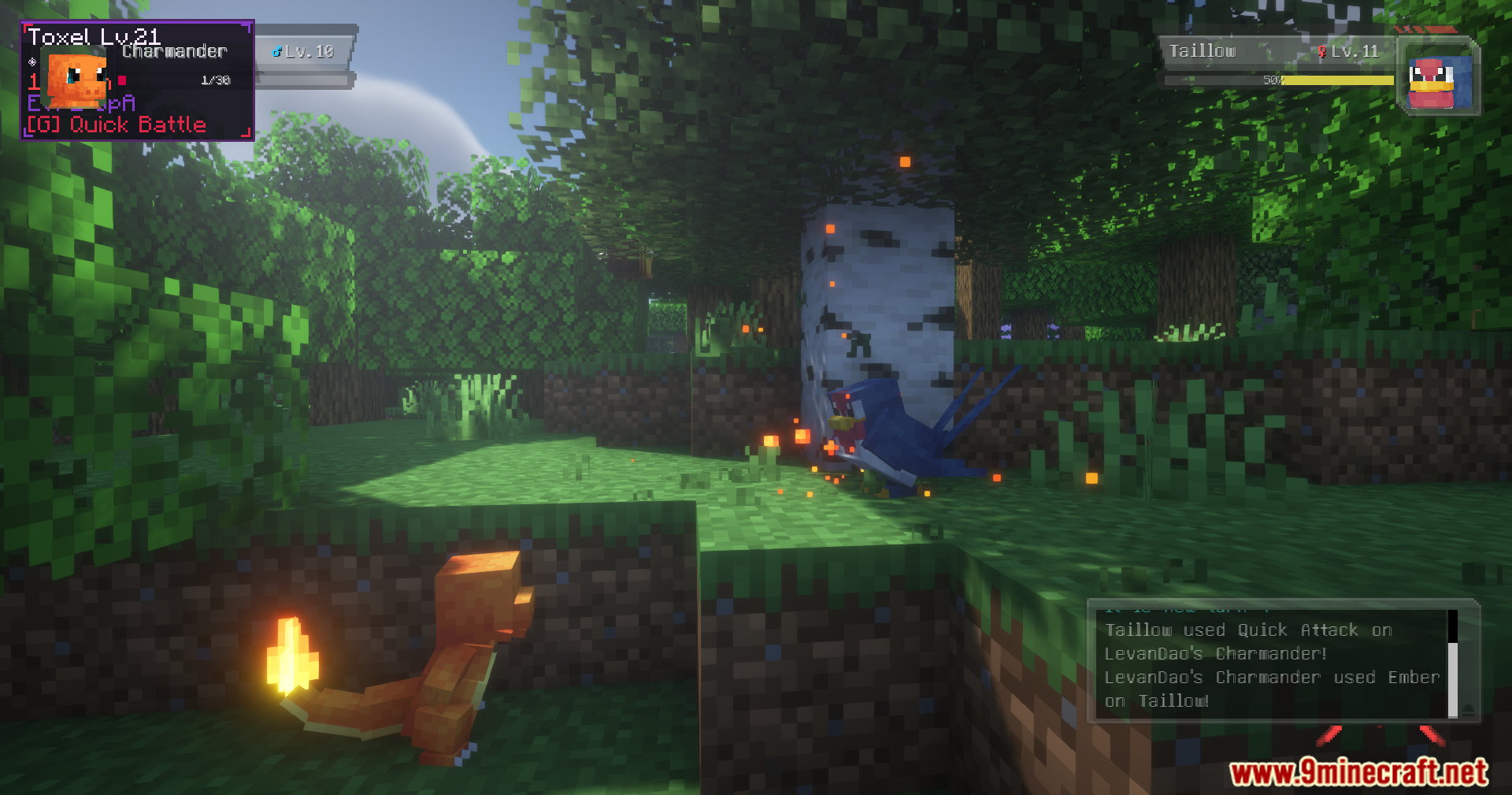 Cobblemon Quick Battle Mod Screenshot 11 Charmander uses Ember against a wild Taillow using the quick battle feature