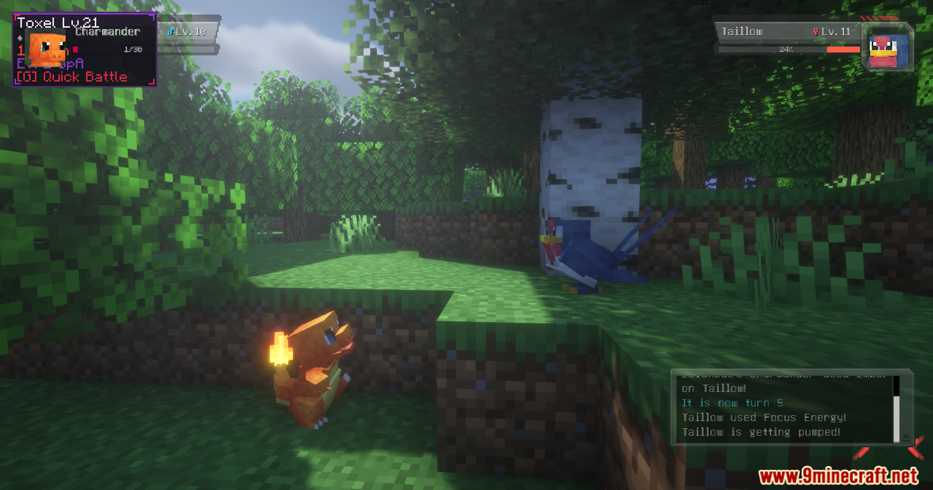 Cobblemon Quick Battle Mod Screenshot 12 Taillow uses Focus Energy during an overworld battle with a Charmander