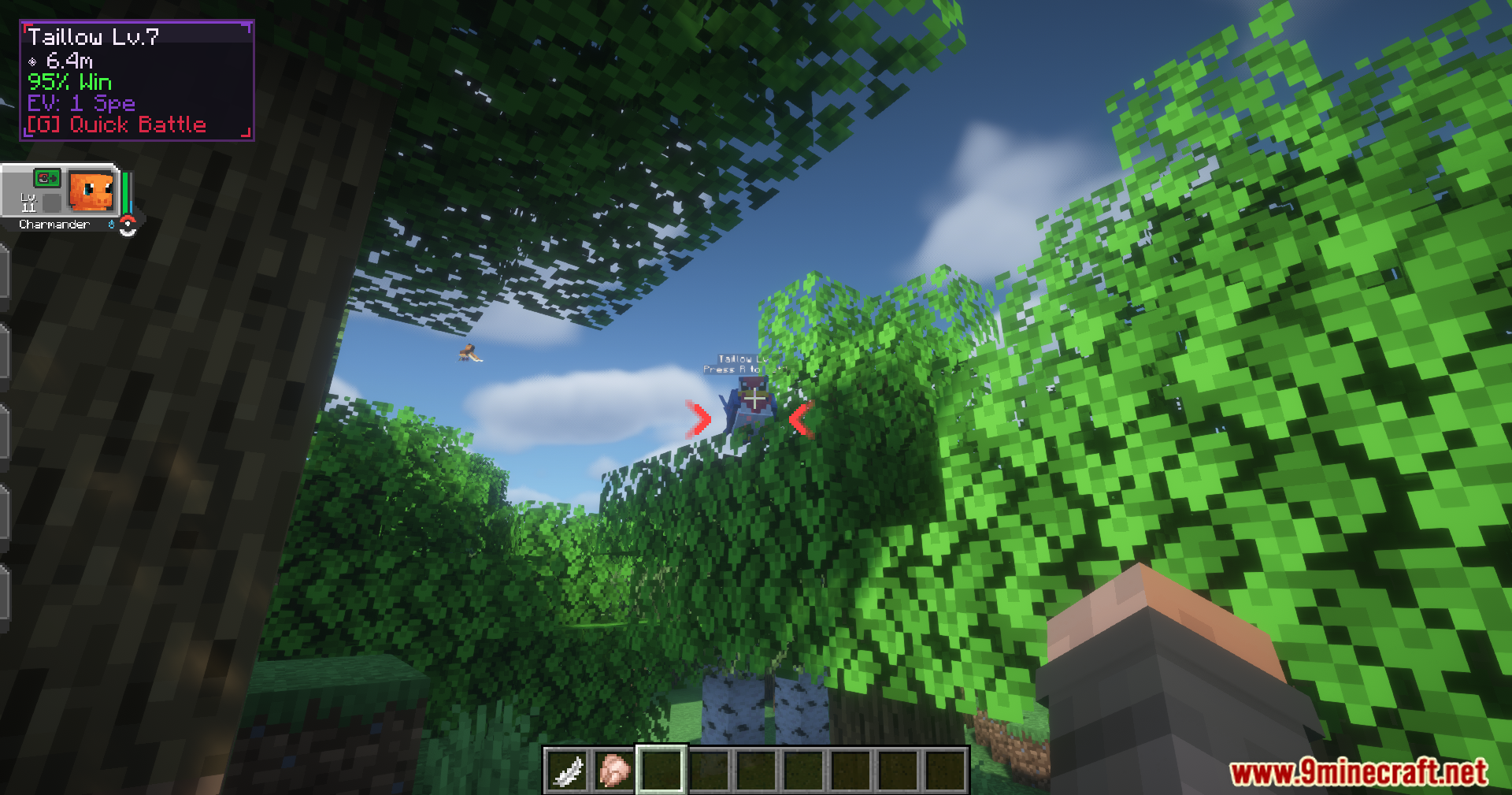 Cobblemon Quick Battle Mod Screenshot 13 Player aiming at a wild Taillow to initiate a fast overworld battle