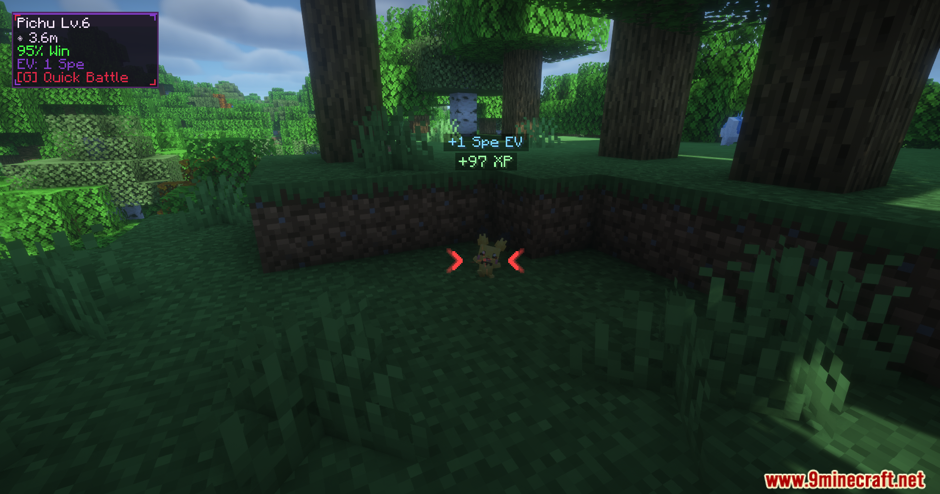 Cobblemon Quick Battle Mod Screenshot 15 A player defeats a wild Pichu using the quick battle feature for experience