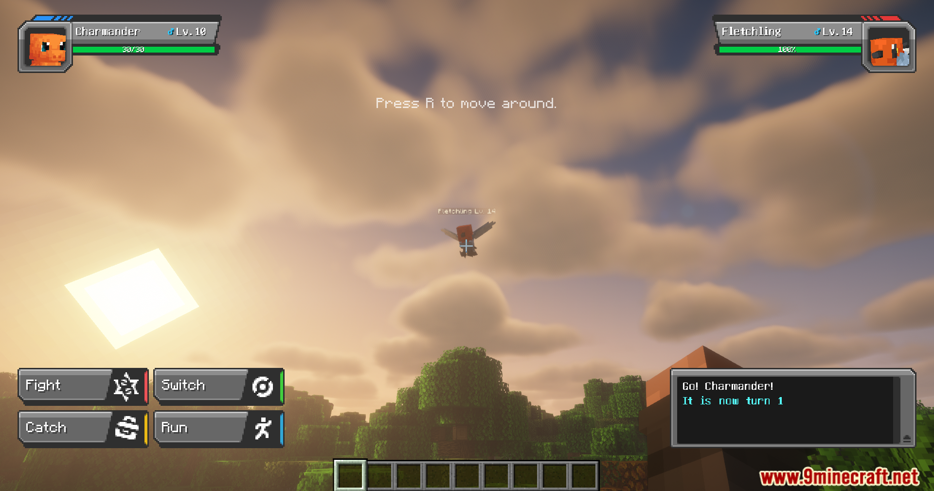 Cobblemon Quick Battle Mod Screenshot 3 A turn based battle interface showing a Charmander fighting a wild Fletchling
