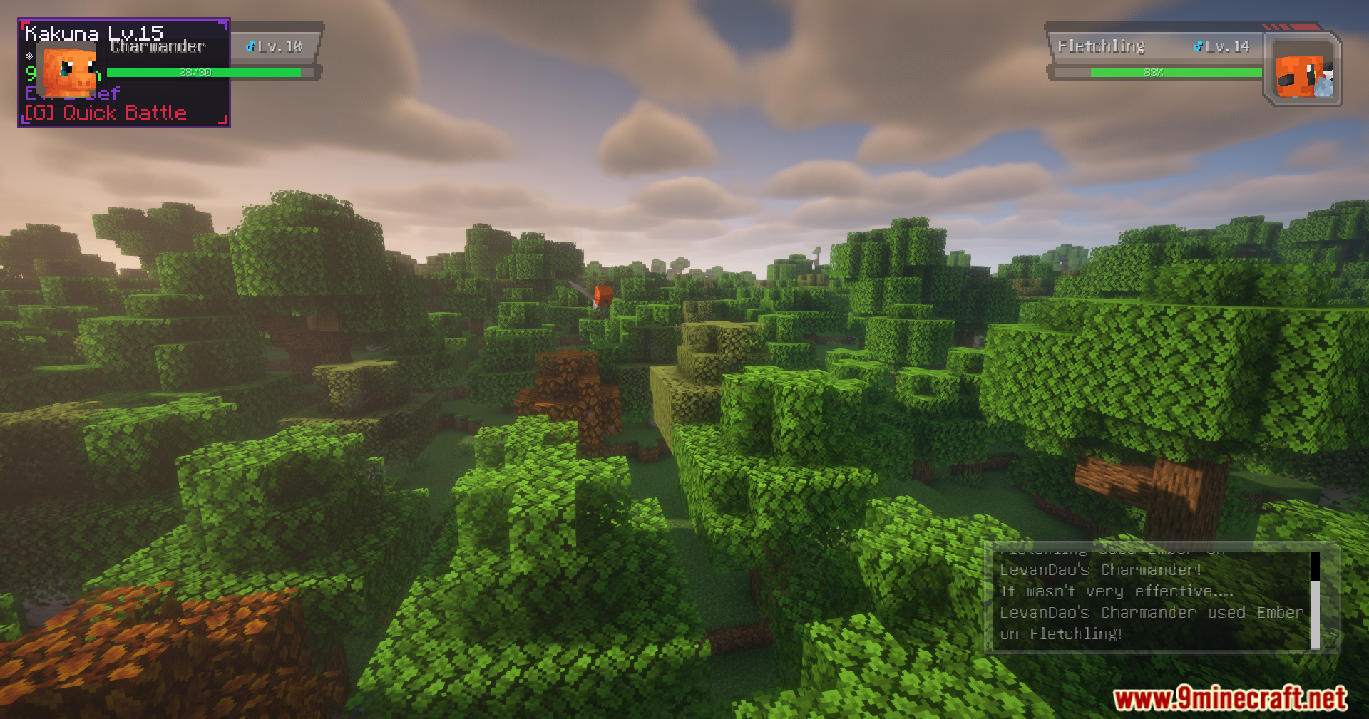 Cobblemon Quick Battle Mod Screenshot 5 Charmander battles a wild Fletchling in a forest using Cobblemon Quick Battle