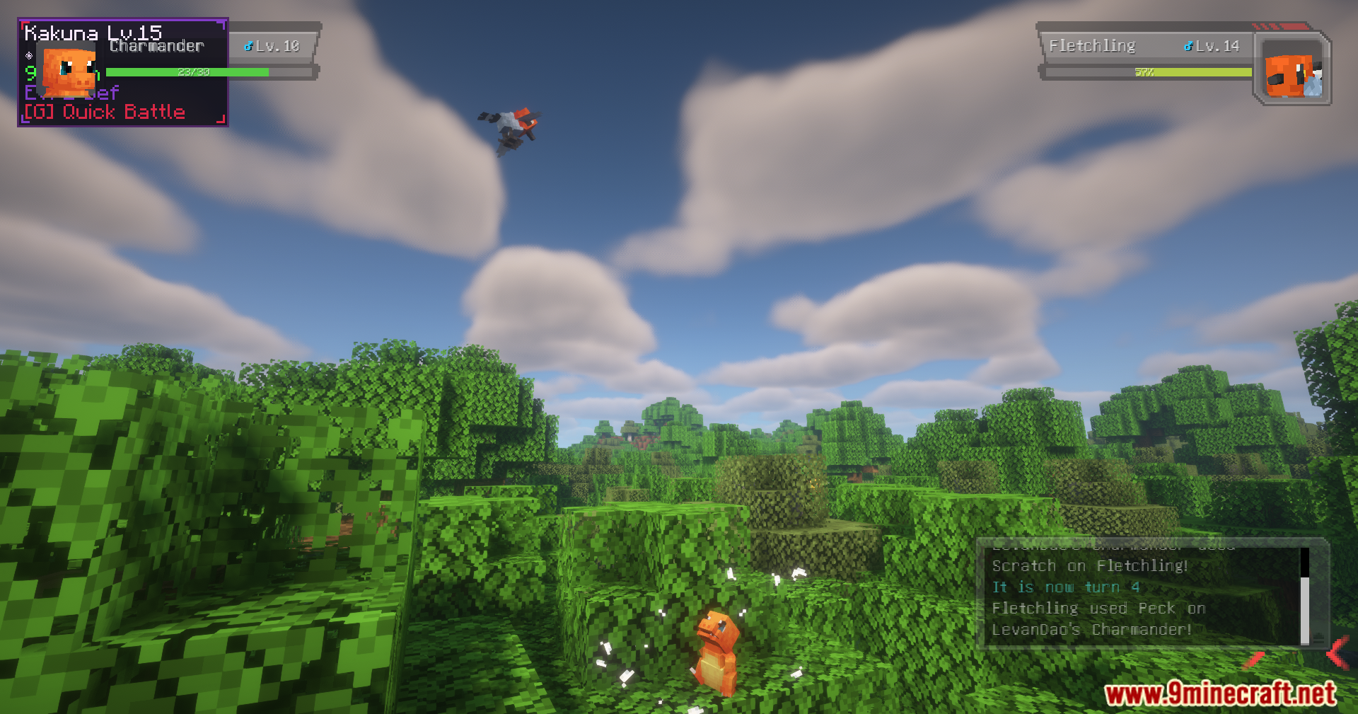 Cobblemon Quick Battle Mod Screenshot 6 A wild Fletchling attacks Charmander during an overworld battle in a forest