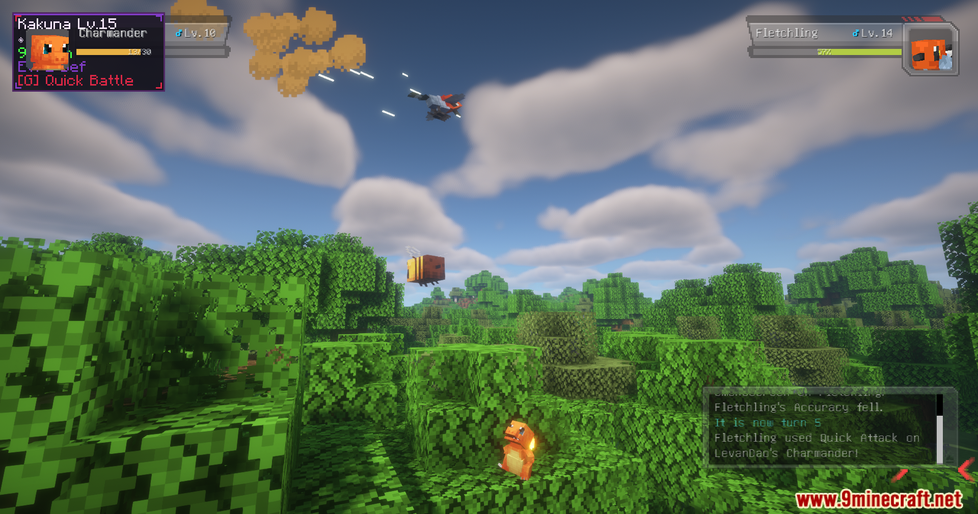 Cobblemon Quick Battle Mod Screenshot 7 Charmander battles a wild Fletchling in a lush Minecraft forest environment
