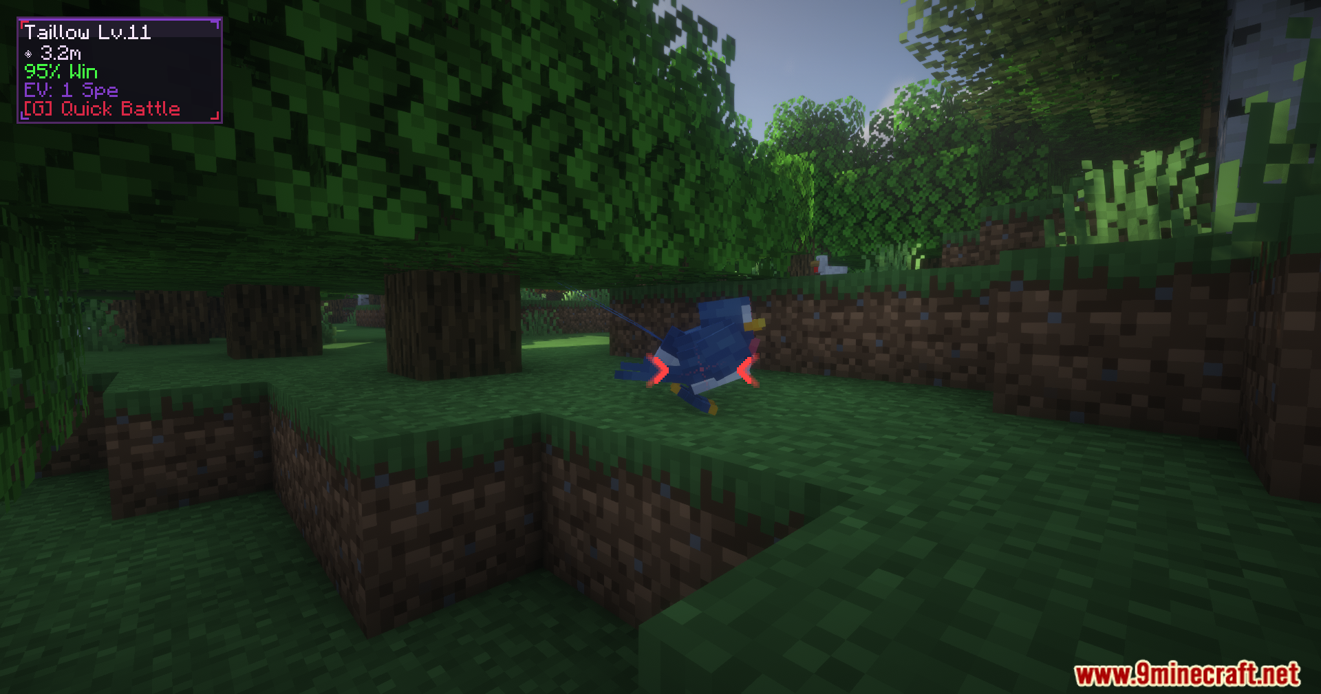 Cobblemon Quick Battle Mod Screenshot 8 A wild Taillow in a forest with a quick battle information overlay