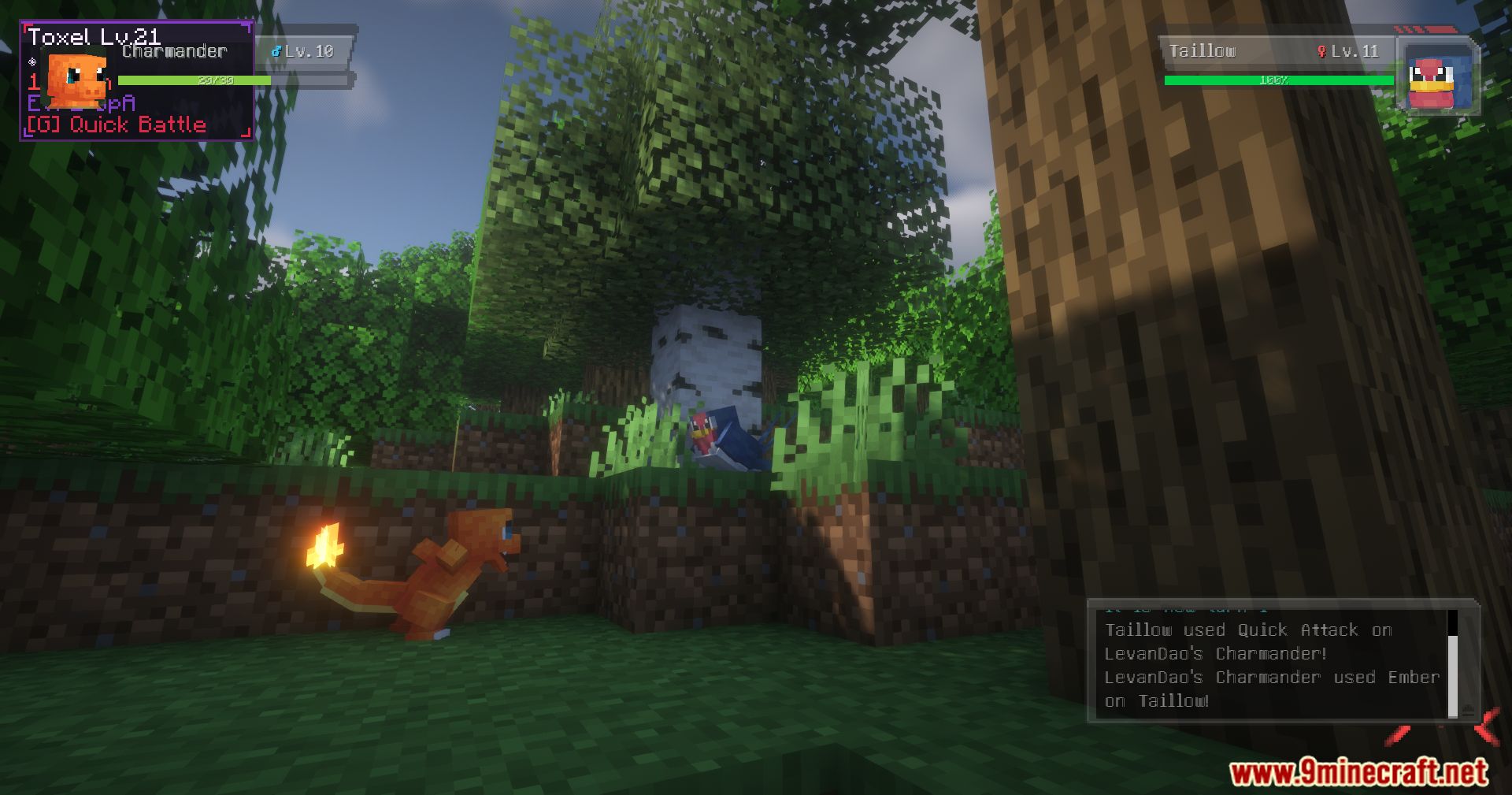 Cobblemon Quick Battle Mod Screenshot 9 Charmander engaging in a quick battle with a wild Taillow in Minecraft