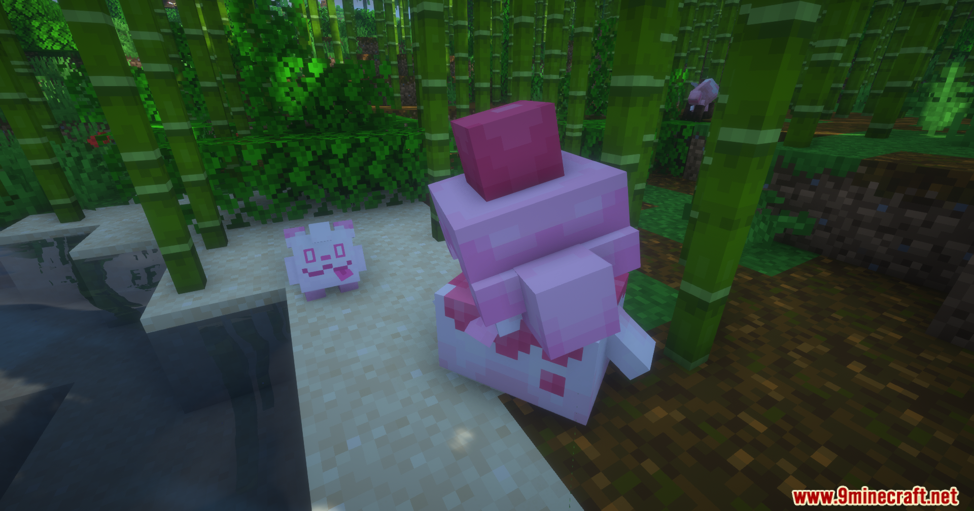 Swirlix and Slurpuff standing together in a green bamboo forest