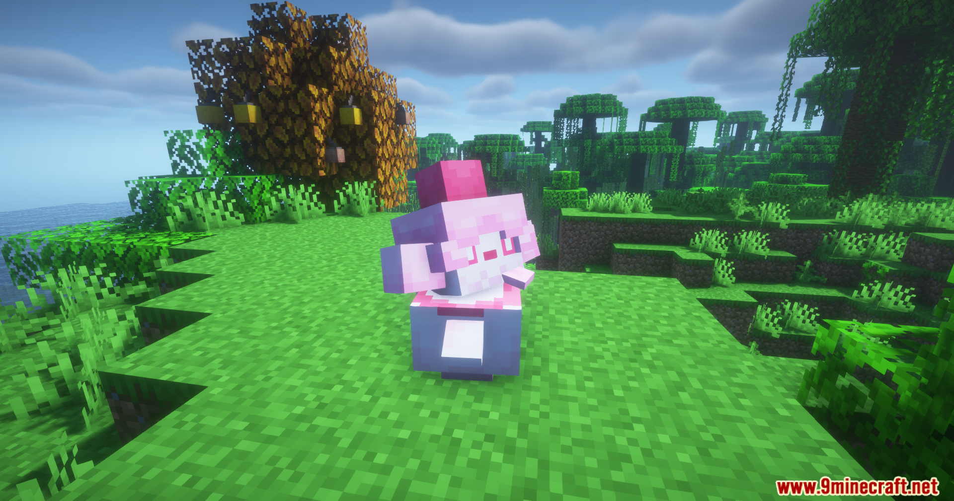 A blue and pink Swirlix Pokemon standing on grass in a forest