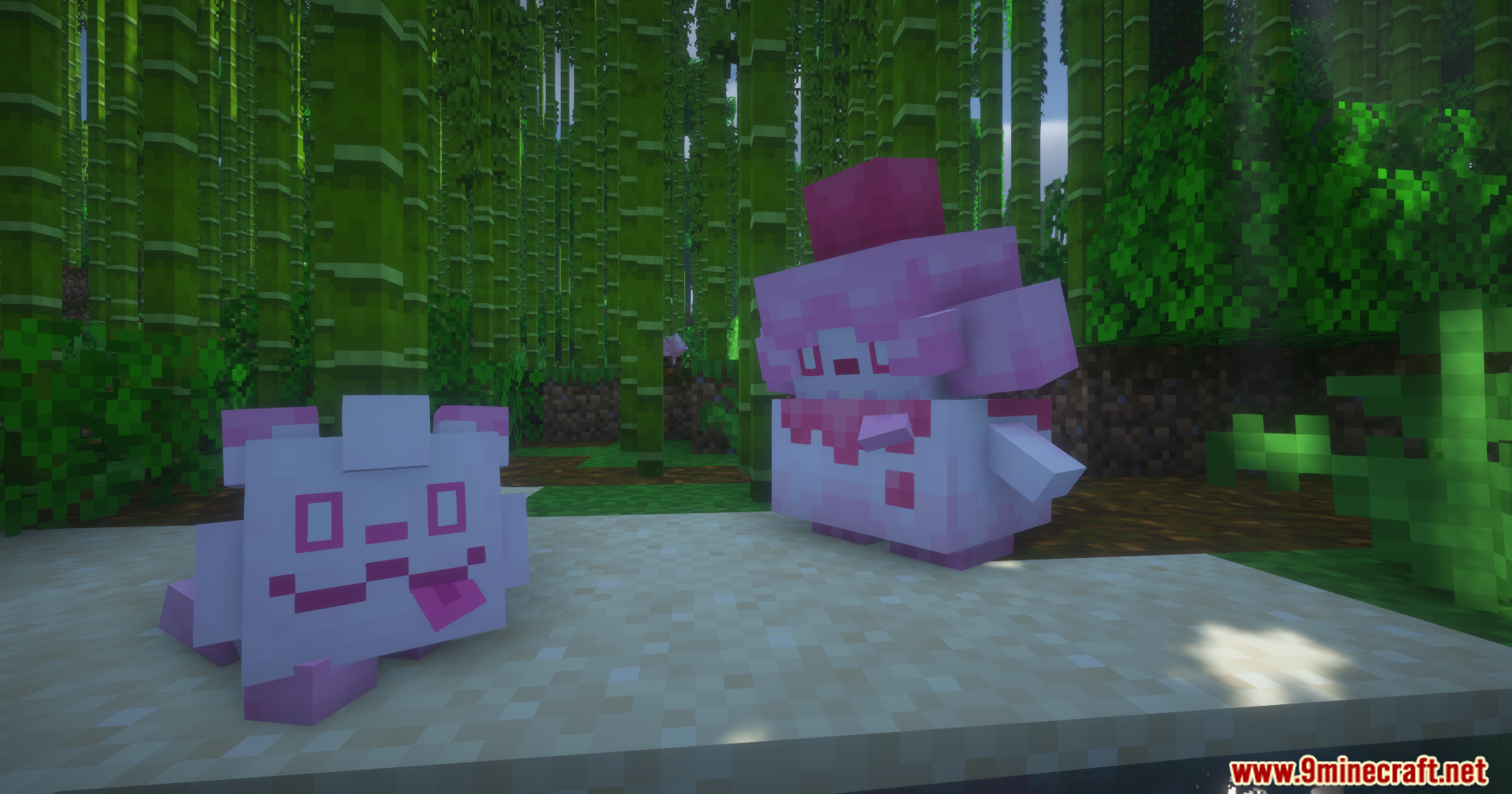 Pink Swirlix and Slurpuff mobs looking forward in bamboo biome