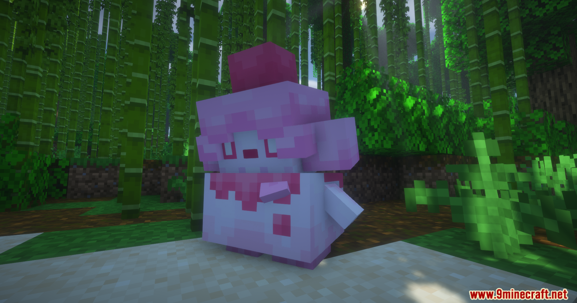 A pink Slurpuff Pokemon standing in a lush green bamboo jungle biome