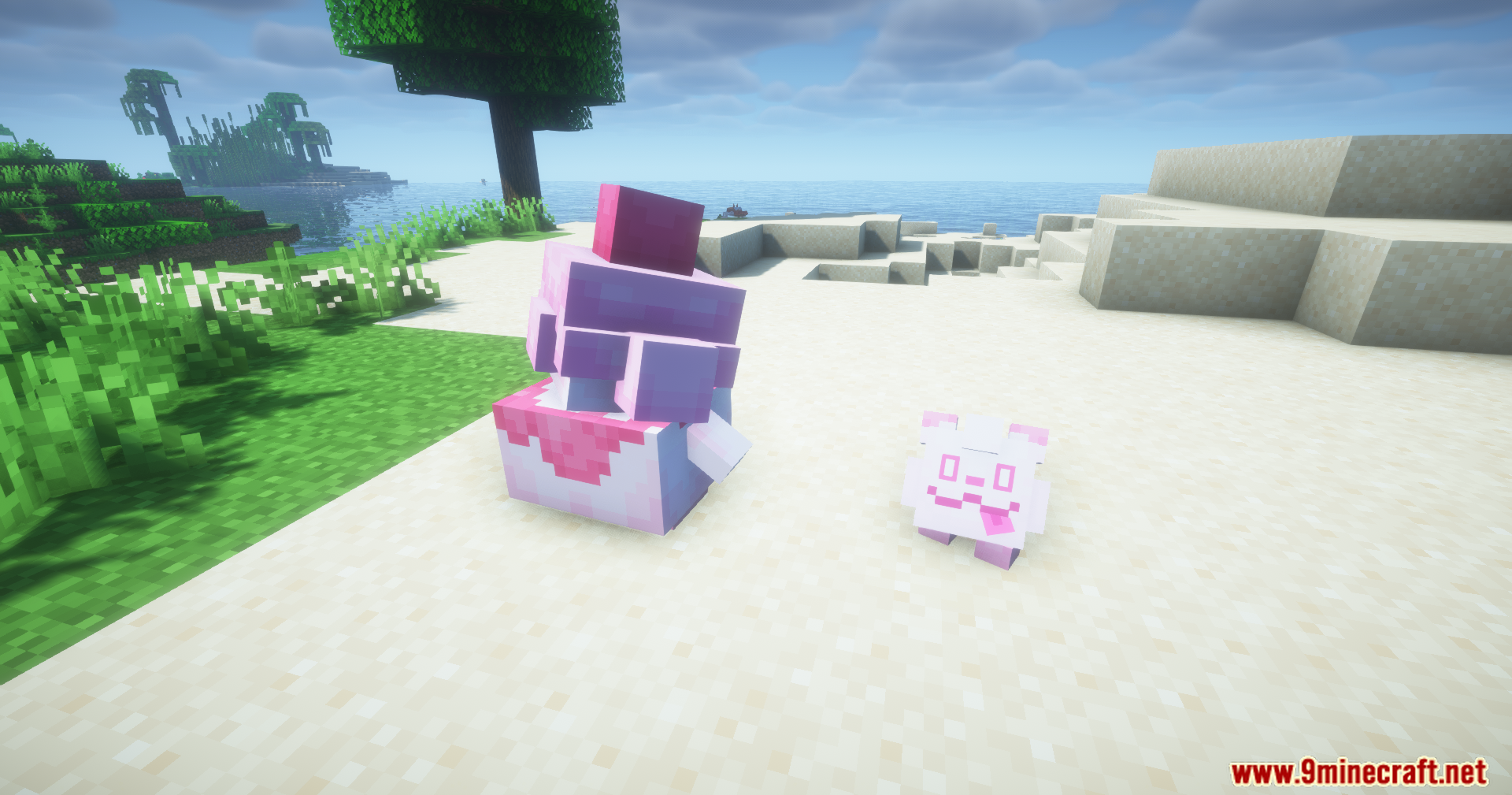 A Slurpuff and a Swirlix Pokemon standing together on a sandy beach area