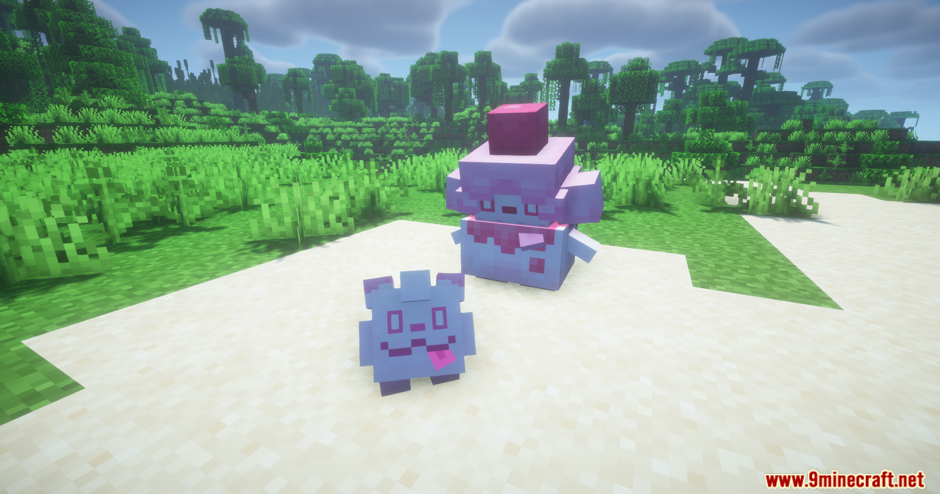 Swirlix and Slurpuff standing upright on a sandy beach near a grassy area