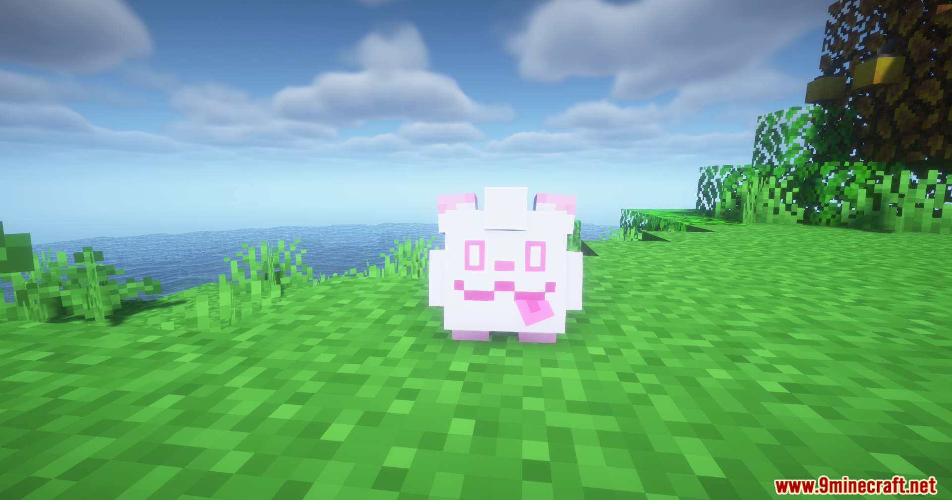 Close up view of the white fluffy Swirlix mob on a grassy block