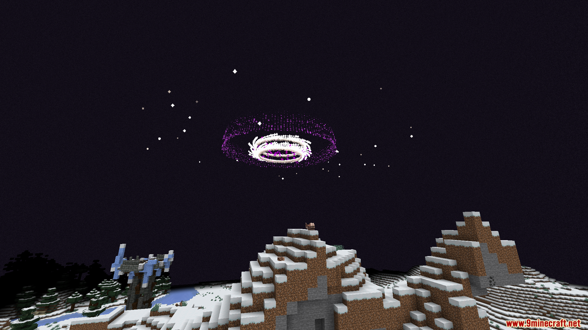 Glowing purple wormhole portal floating in the night sky above snowy mountains