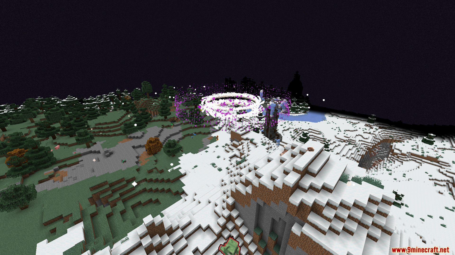 Glowing purple wormhole portal floating above a snowy Minecraft landscape