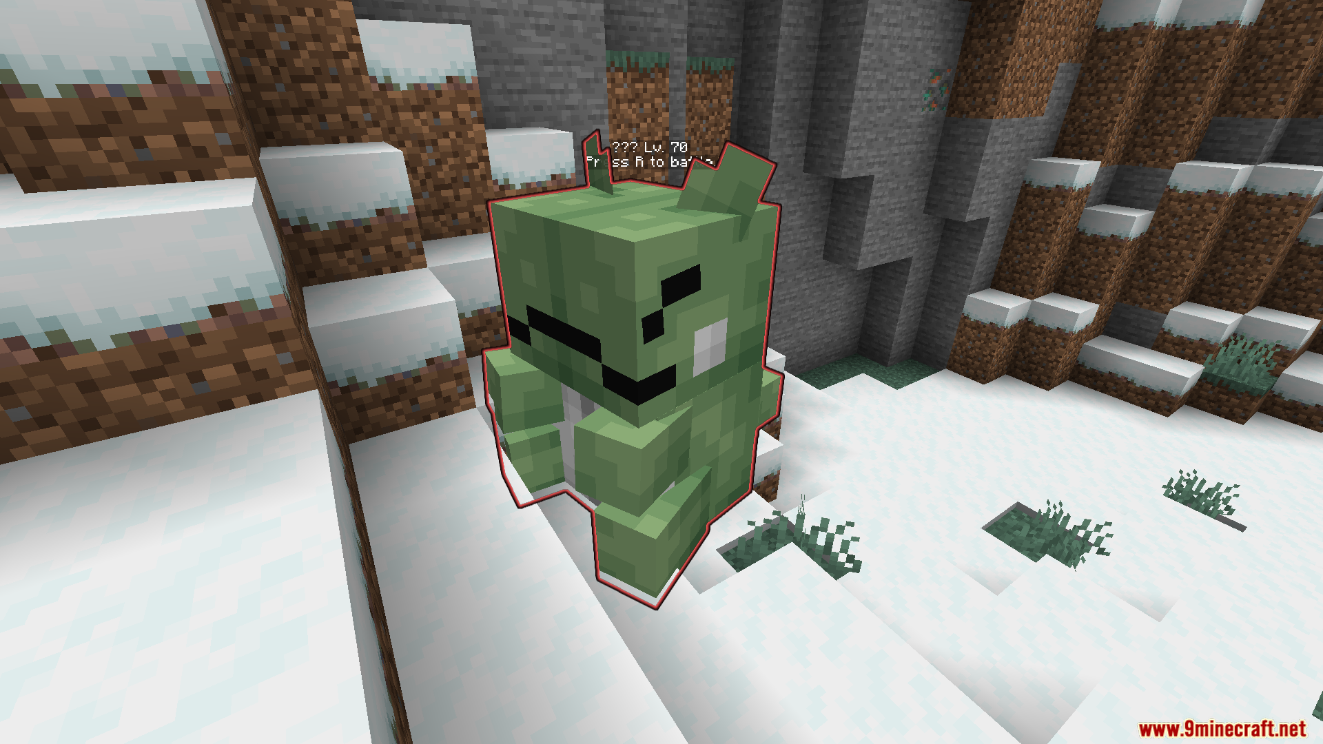 Green blocky boss creature with a red outline in a snowy biome