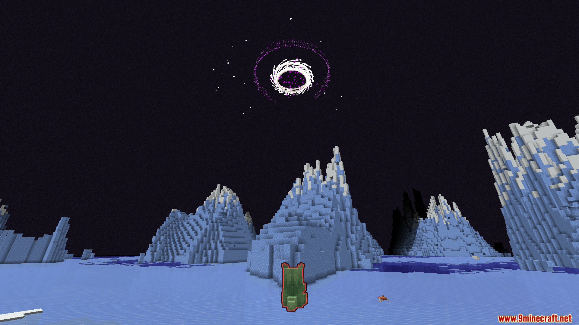 Player looking at a glowing purple wormhole in the dark night sky