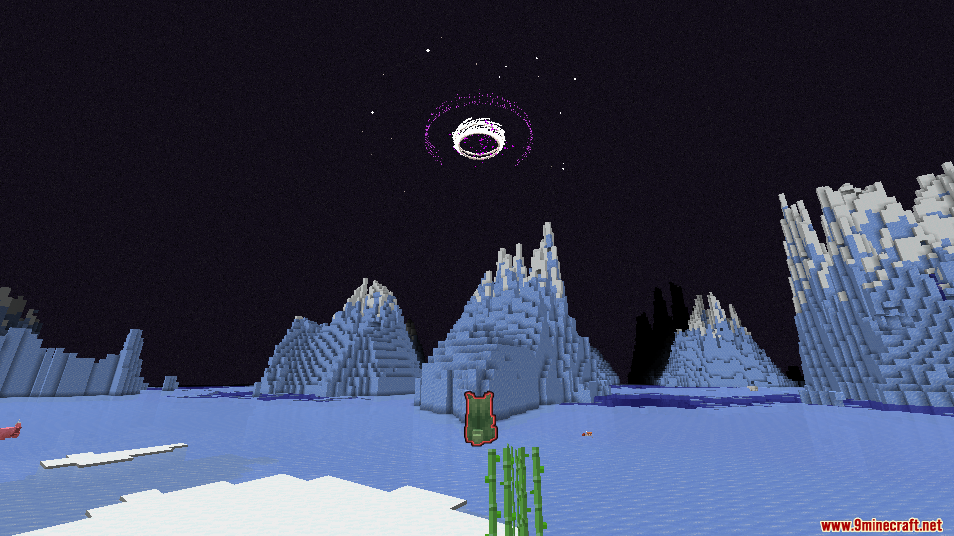 Glowing purple portal floating above an ice spikes biome during the night