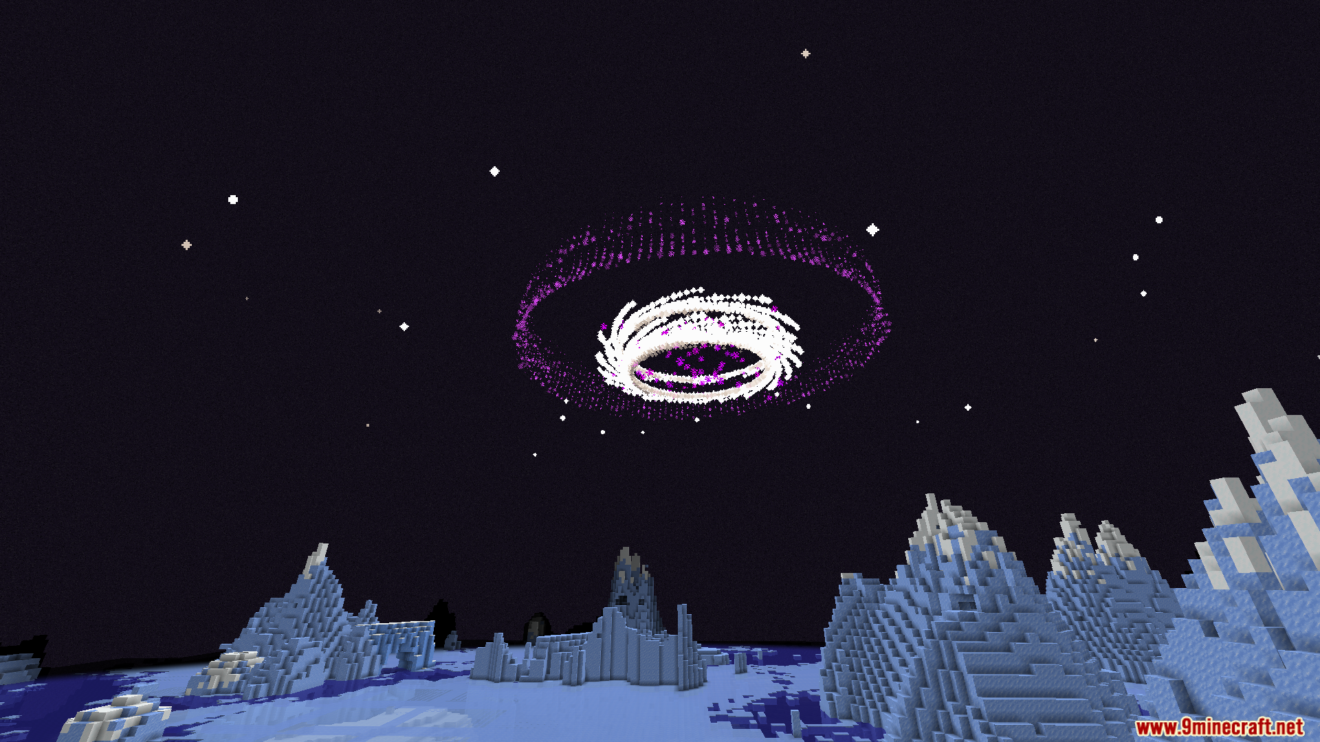 Glowing purple wormhole portal appearing in the night sky above an icy biome