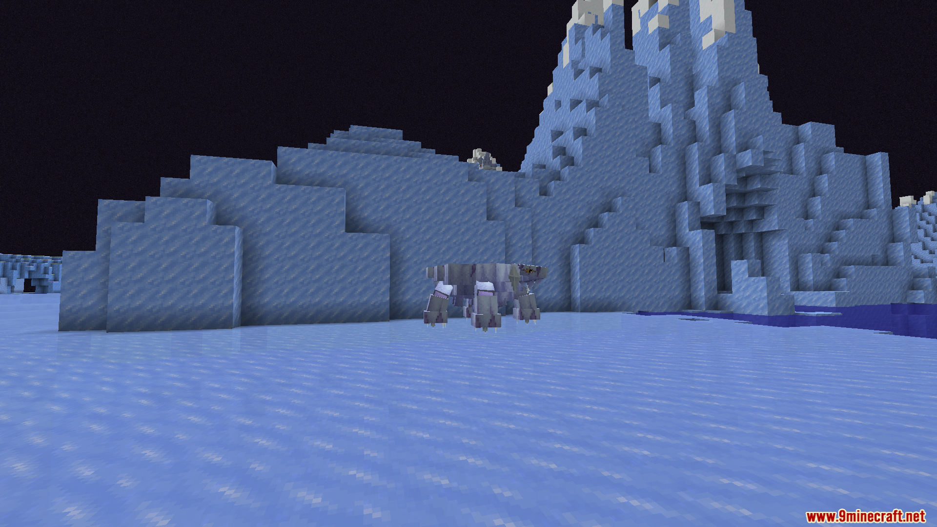 Large four legged boss monster standing on ice next to tall ice spikes