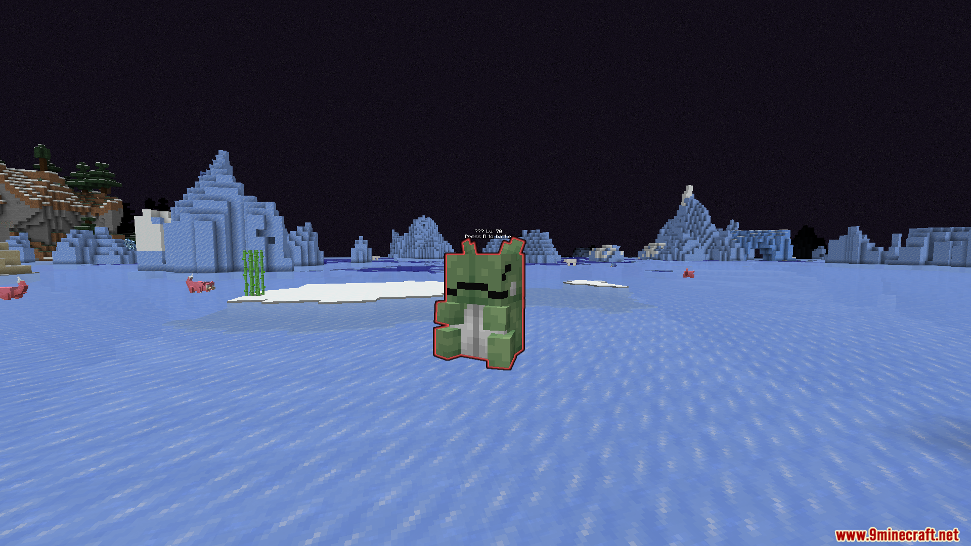 Highlighted green creature waiting for battle in an ice biome