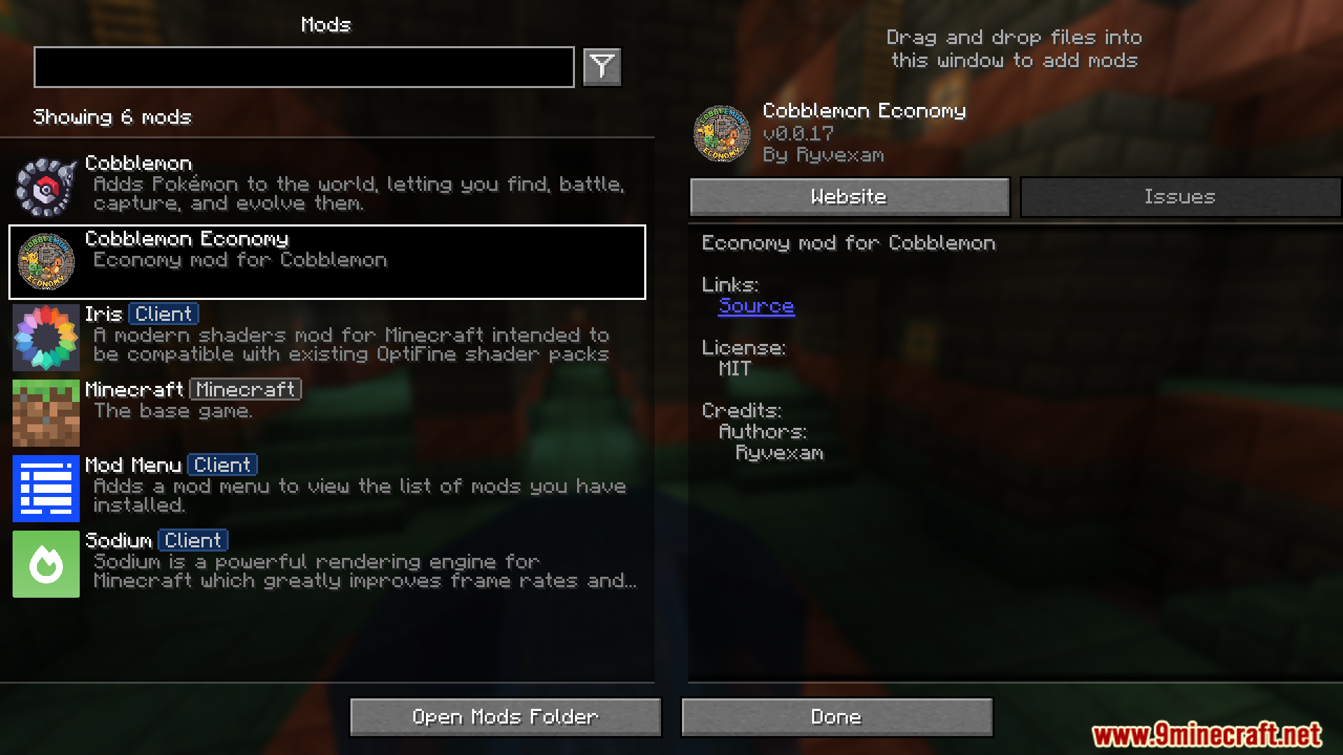 Cobblemon Economy mod listed in the Minecraft mods menu