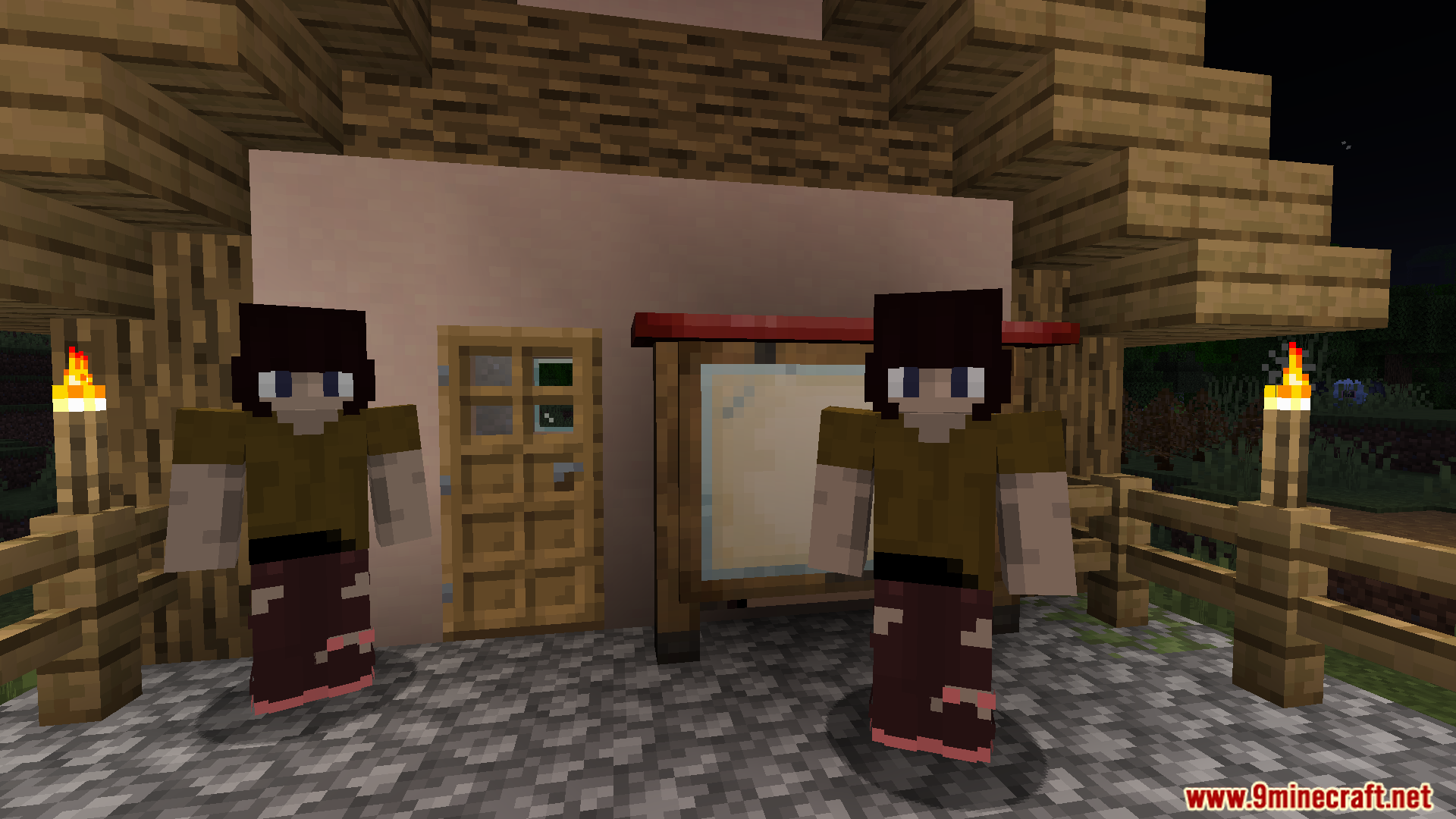 Two custom NPCs standing in front of a building