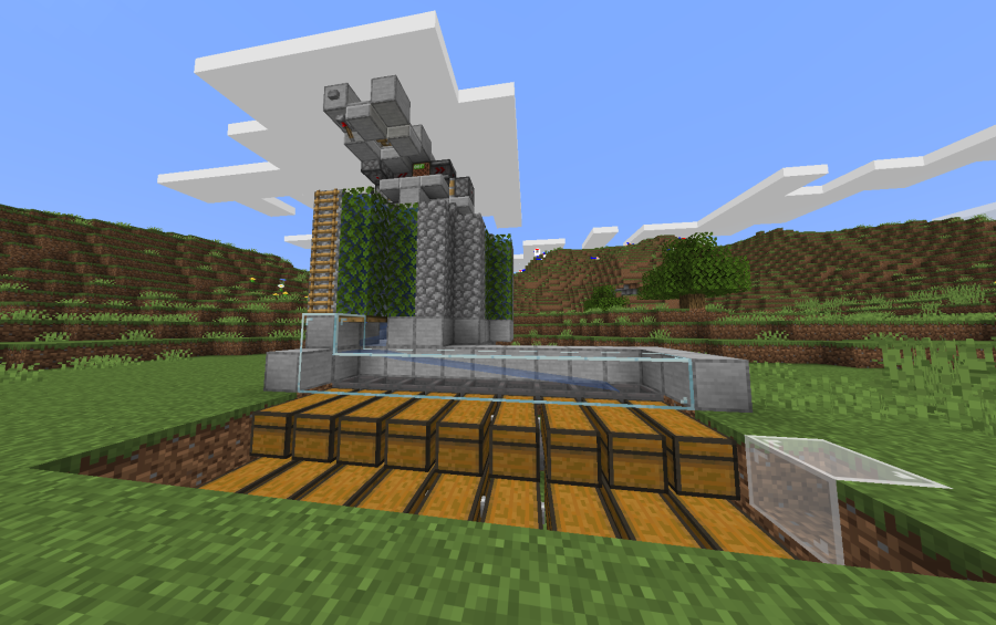 A redstone cobblestone generator farm with a large chest storage system in a field