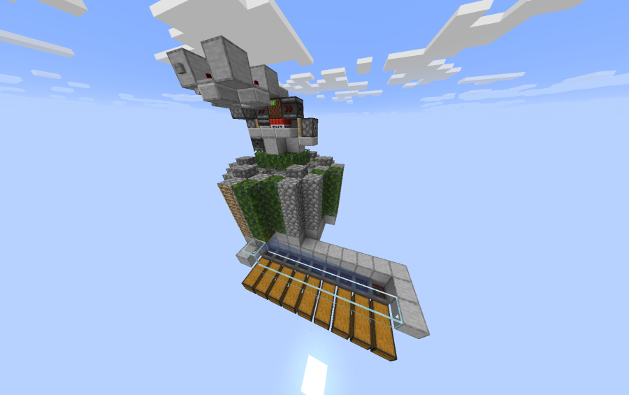 An automatic cobblestone generator farm with redstone components and multiple storage chests