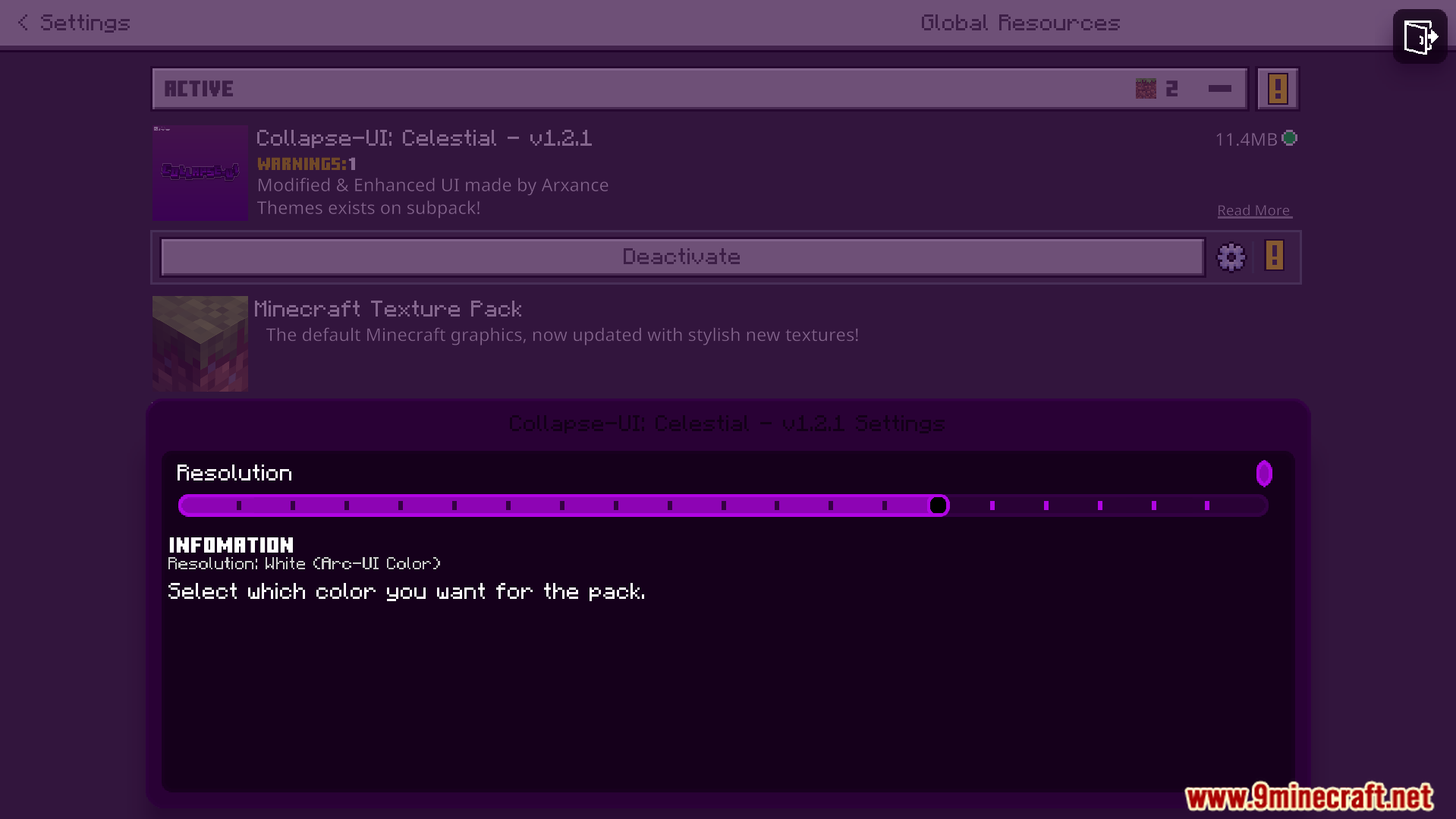 Collapse UI Texture Pack Screenshot 3 A purple settings menu with a resolution slider and pack information