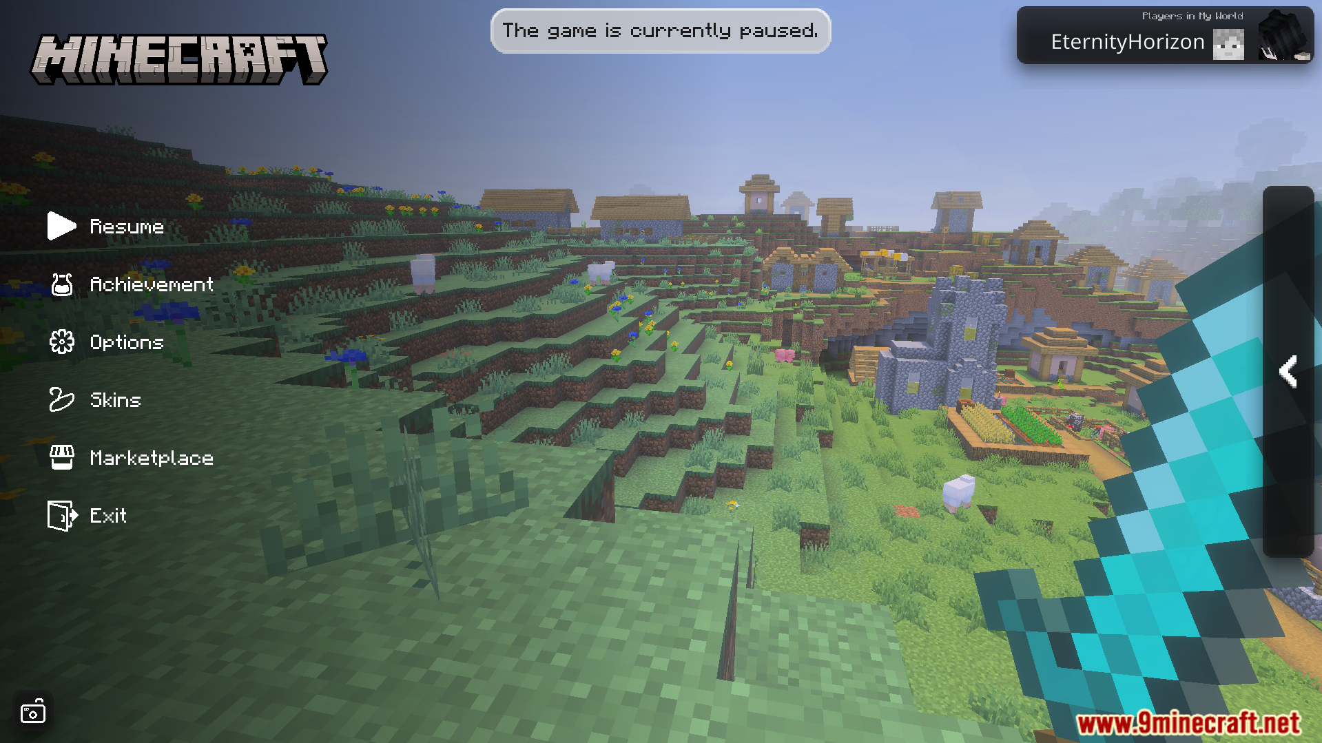 Collapse UI Texture Pack Screenshot 6 Pause menu showing village landscape and diamond sword