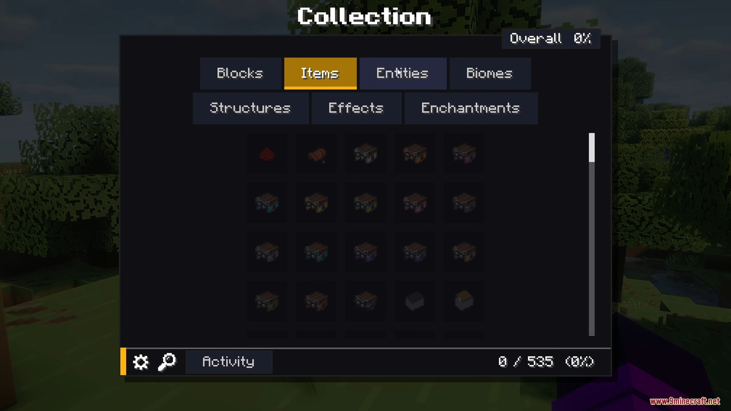 Collect Everything Mod Screenshot 2 Viewing the collection progress for different in-game items