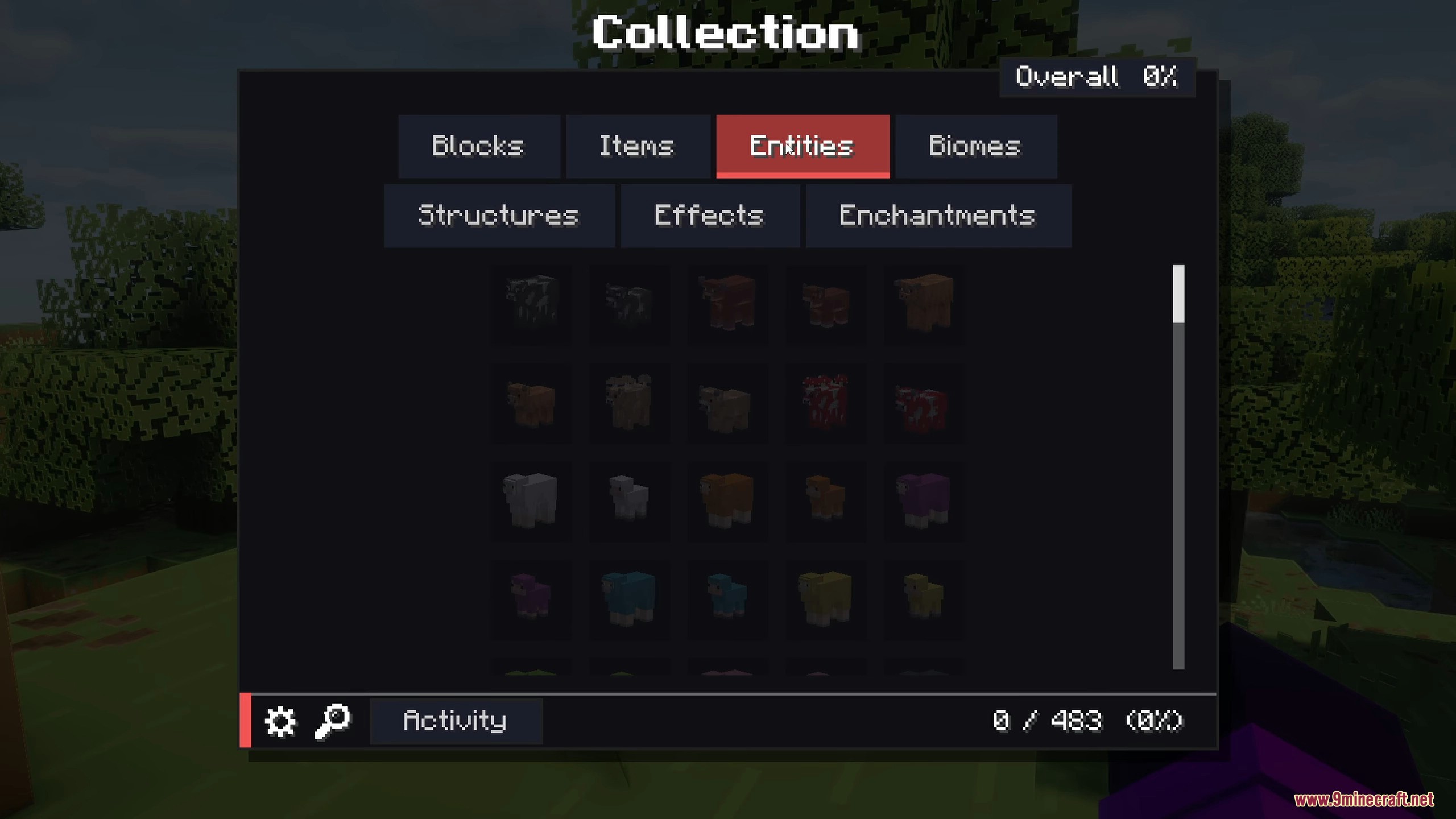 Collect Everything Mod Screenshot 3 The entities tab shows silhouettes of undiscovered mobs
