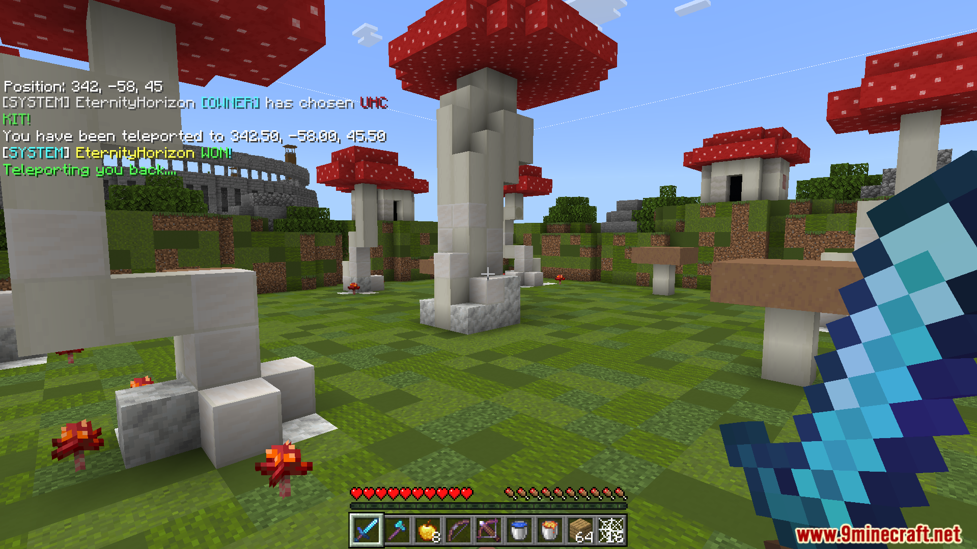 A player stands in a mushroom biome after a PvP match
