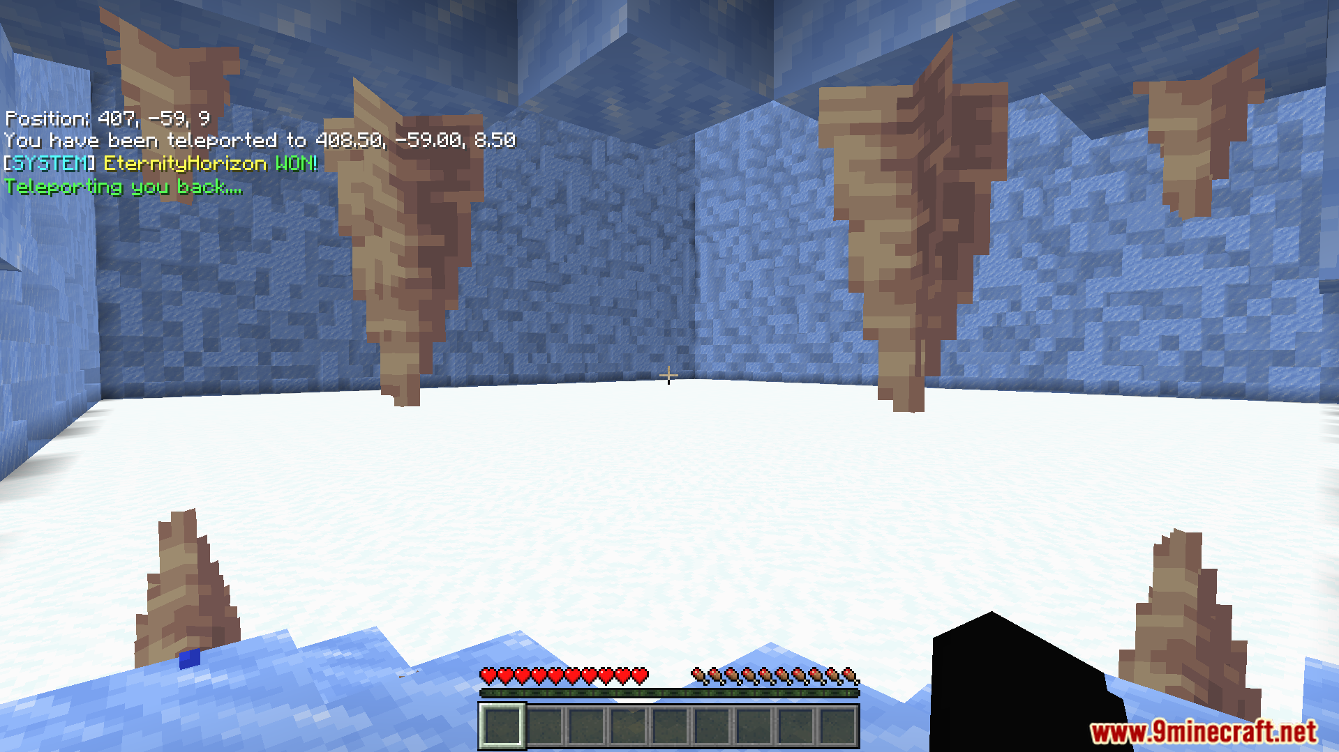 A player is inside an ice cave after a PvP match