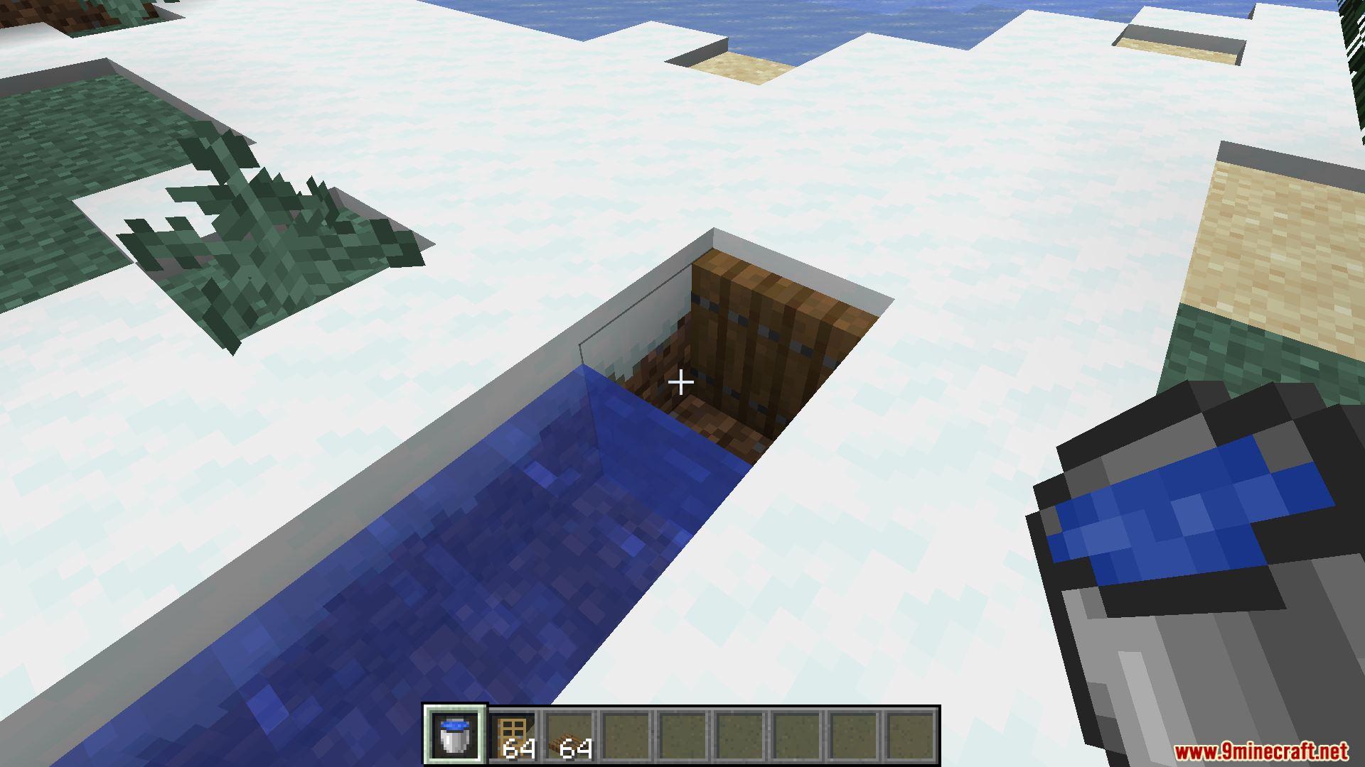 Player placing water inside a wooden fence gate